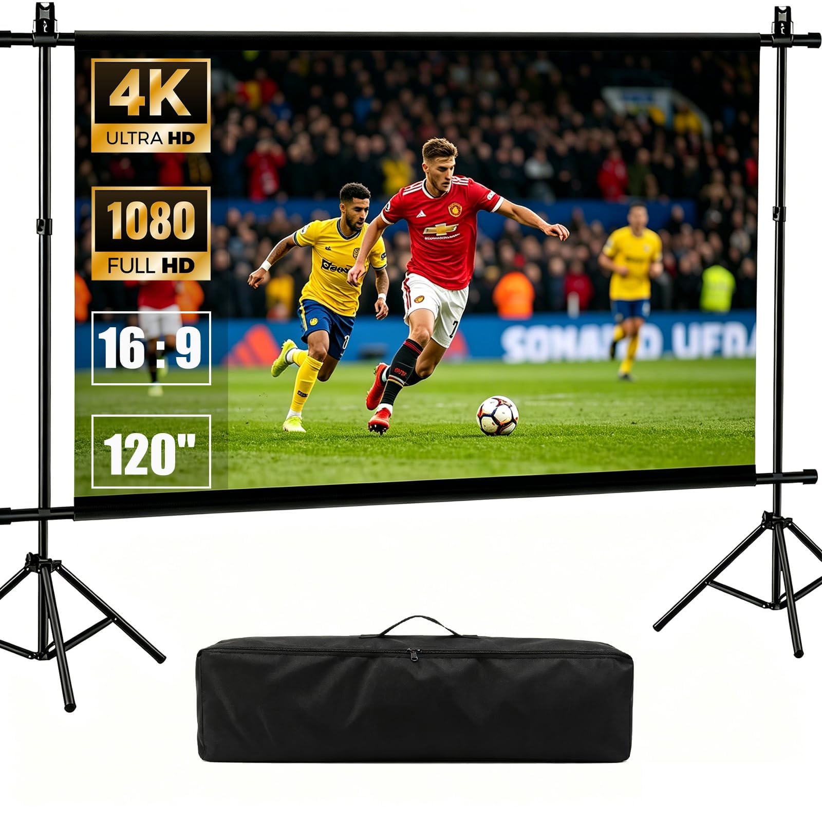 Pantalla de proyección portátil con soporte, 120 pulgadas, 16:9, 4K, HD, plegable, lavable, pantalla de proyección, 2 en 1, montaje en pared y pantalla de película de pie para exteriores, para