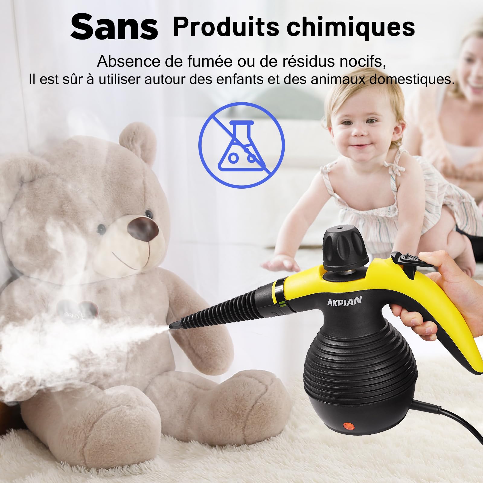 Nettoyeur vapeur à main AKPIAN, nettoyeur vapeur, nettoyeur vapeur portable multifonction avec verrouillage de sécurité et kit d'accessoires 10 pièces pour éliminer la saleté et la graisse