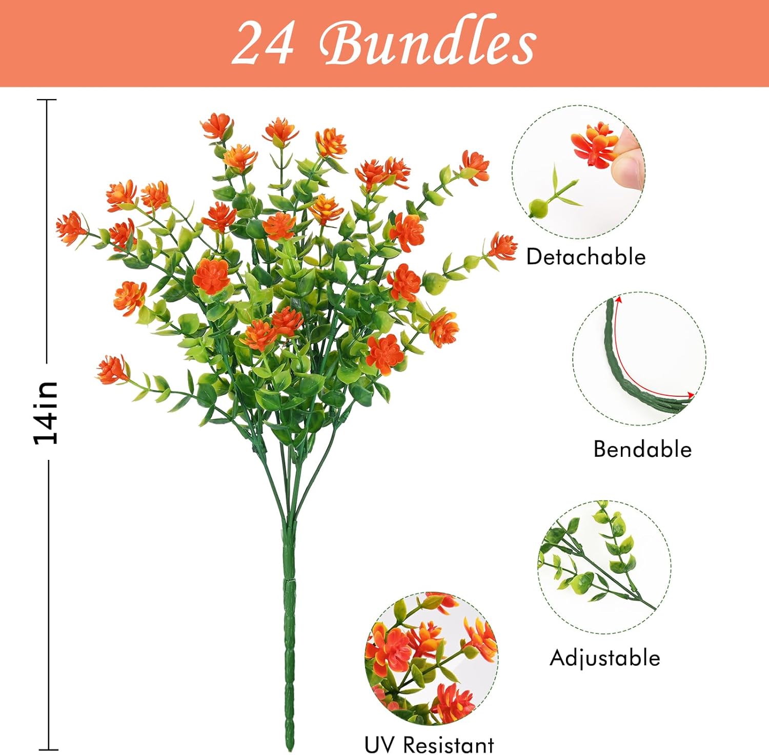 Fall Decor, Fake Mums, 24 Bundles Fall Flowers, UV Resistant Artificial Mums for Outdoors, Faux Mums for Outside, Fall Flowers Plants Artificial for Decoration For Home Porch Thanksgiving - Orange Red