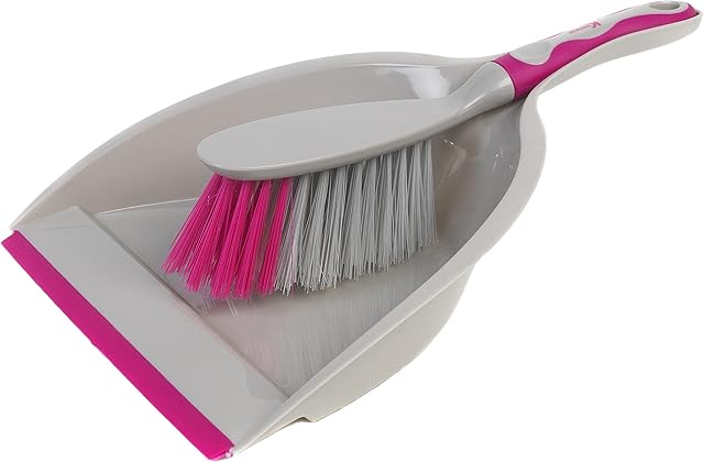 Kleeneze KL062390EU Deluxe Space Saving Handheld Dustpan & Brush Set, Grey/Pink, Soft Grip Handle, Flexible Lip, Perfect for Dust, Dirt & Crumbs, Ideal for Most Hard Surfaces, Space Saving Design