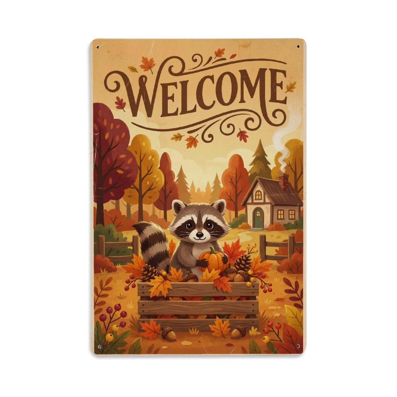 Vintage Welcome Raccoon Cozy Corner Metal Tin Sign