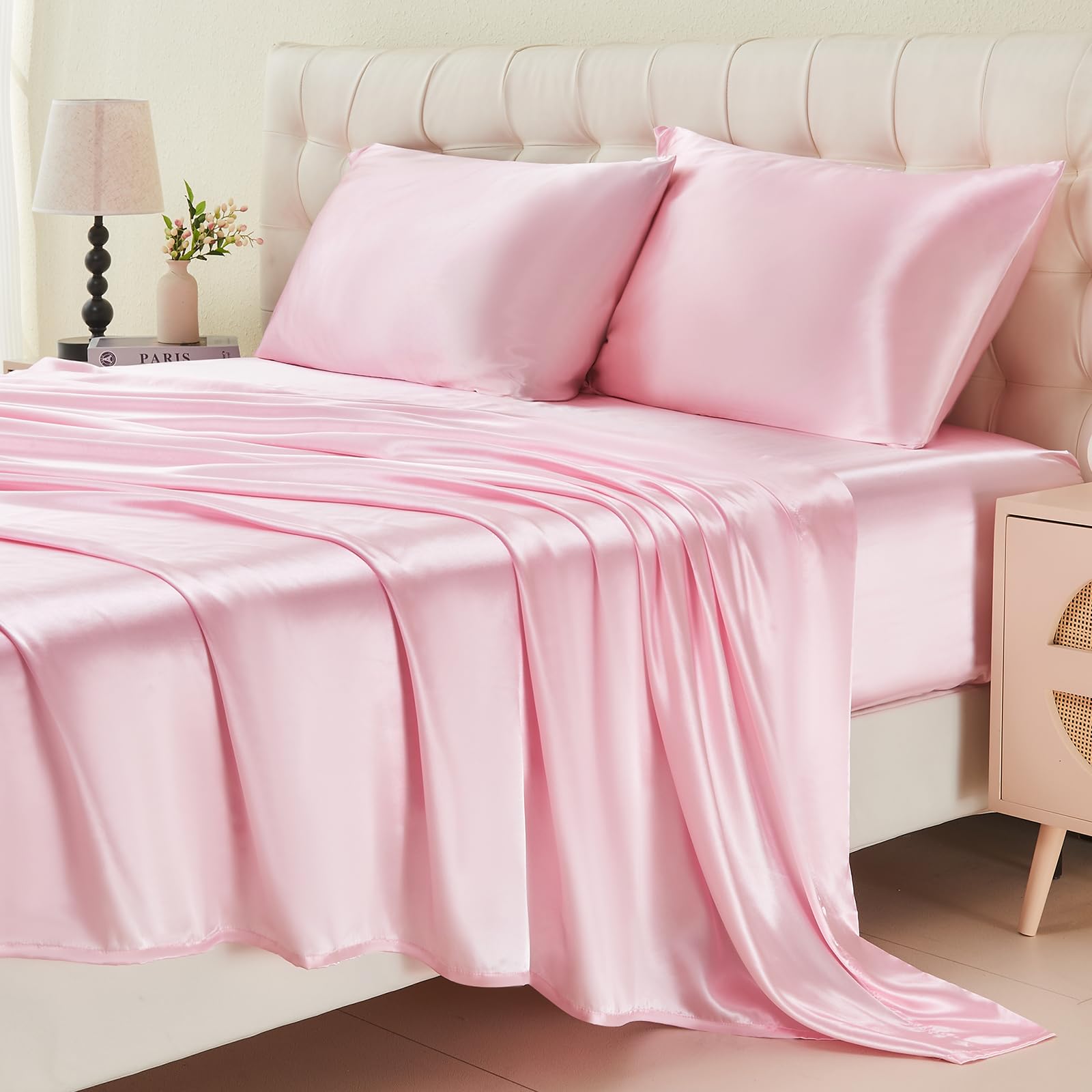 Satin Sheets Queen Size - Luxurious 4-Piece Silky Soft and Cooling Bed Sheet Set with Deep Pocket Fitted Sheet, Flat Sheet, and 2 Pillowcases (Pink, Queen)