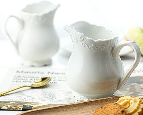 Miniatura 5 de Crema de cerámica blanca pura vintage con asa, jarra de crema de leche de café de 6 onzas.