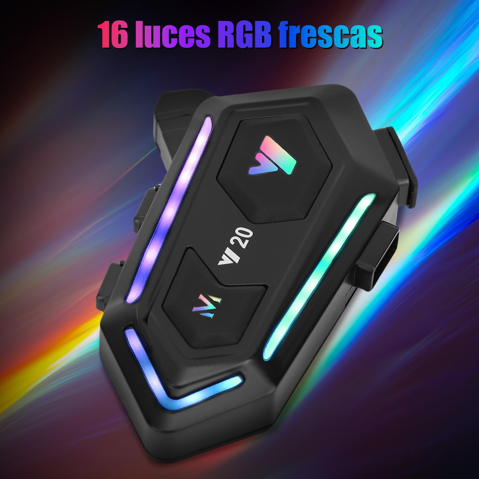 Intercomunicador de Motocicleta Casco Moto Cancelación de Ruido, Altavoz Dual, IPX6, Luces de 16 RGB, Batería de 1000 MAh, Respuesta Automática, Tecnología Inalámbrica 5.3