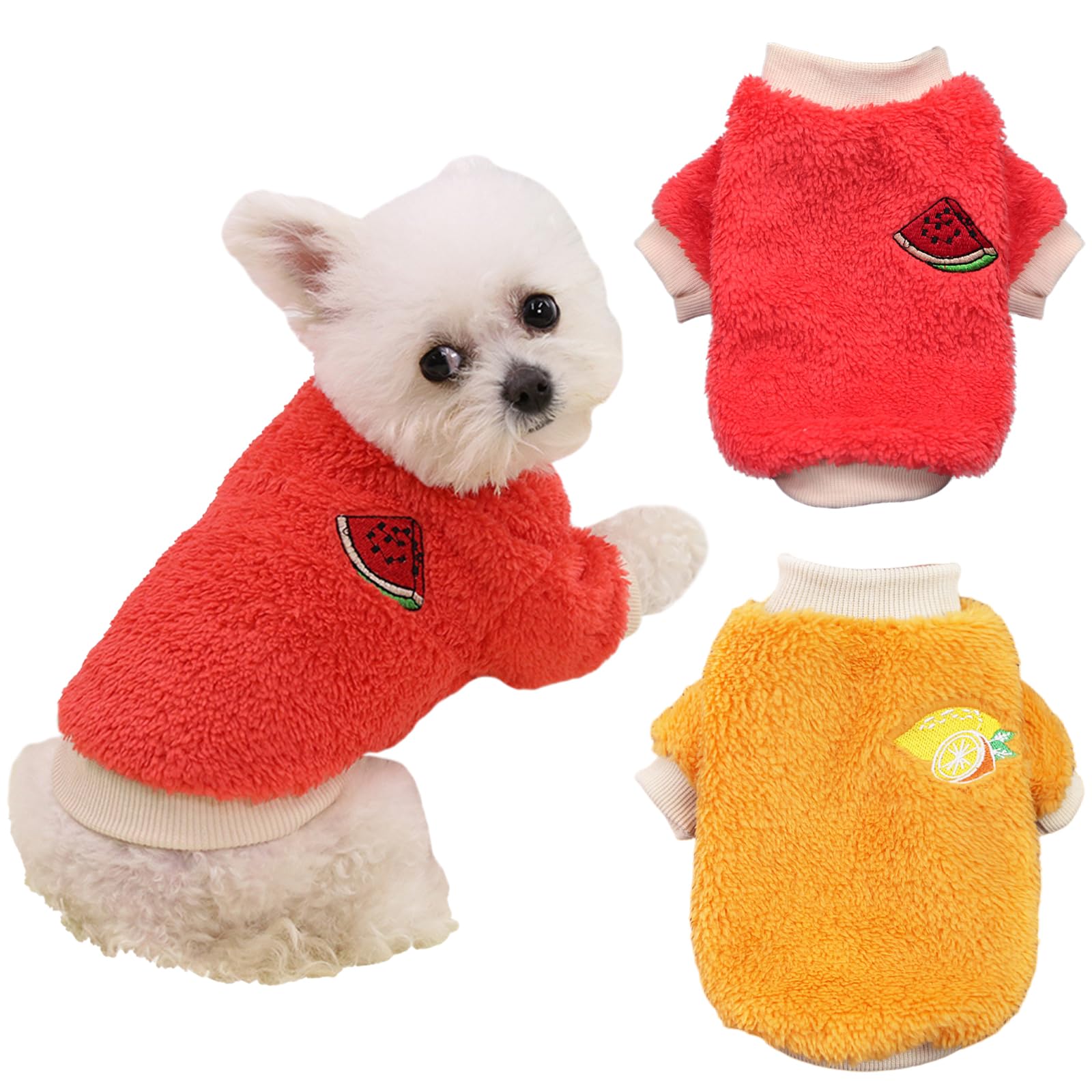 Yaopelky 2PCS Small Medium Dog Winter Clothes Fleece Turtleneck Jumpsuit Cute Fruit Print Cat Outfit for Chihuahua Yorkie Teddy (Orange-Red