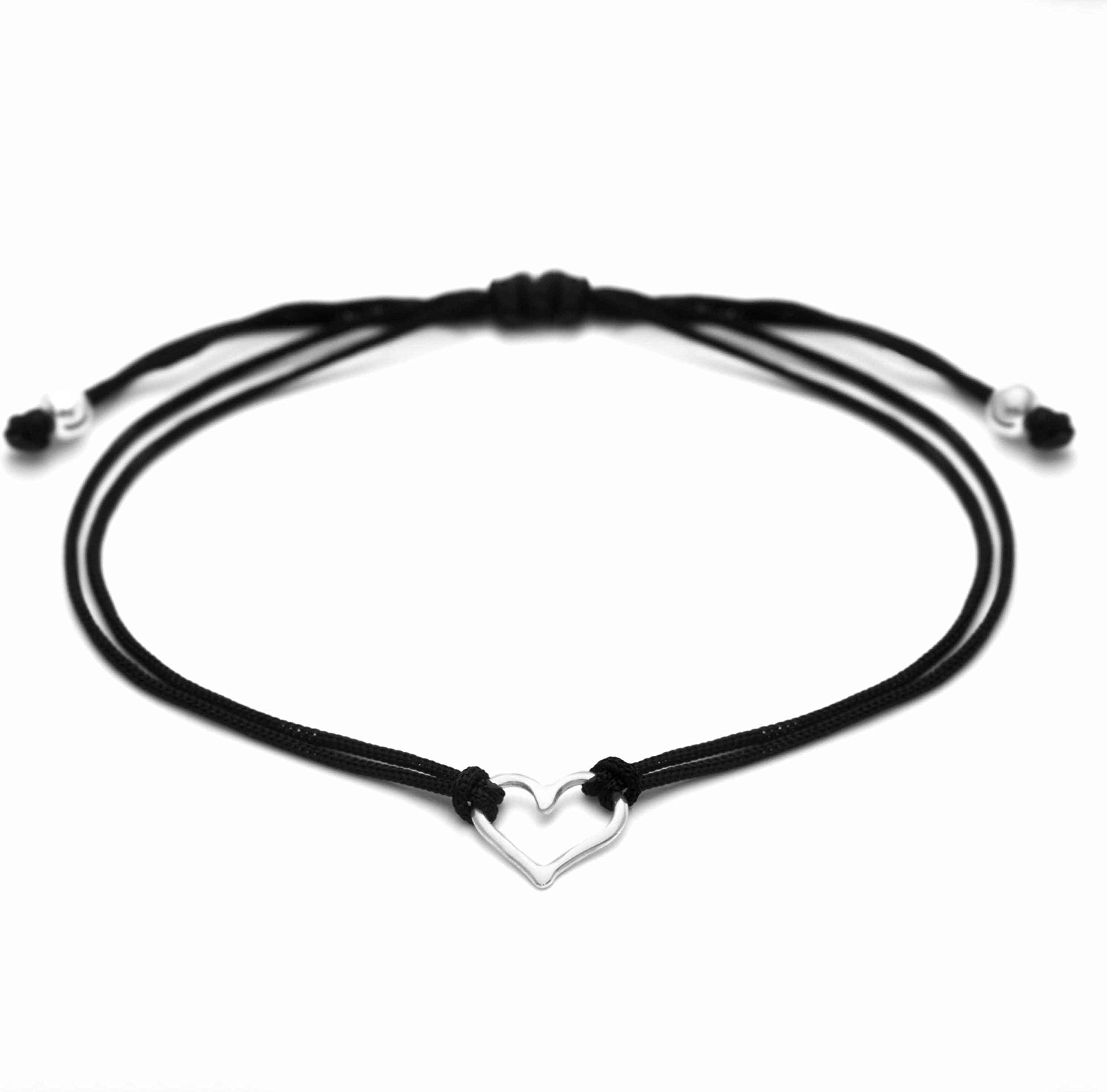 Claudia Lira JoyasBlack Womens Friendship Bracelet, Small Handmade Sterling Silver 925 Open Heart Shaped Charm, Pull Adjustable Kindred Cord Thread. Handmade Heart Gift Set