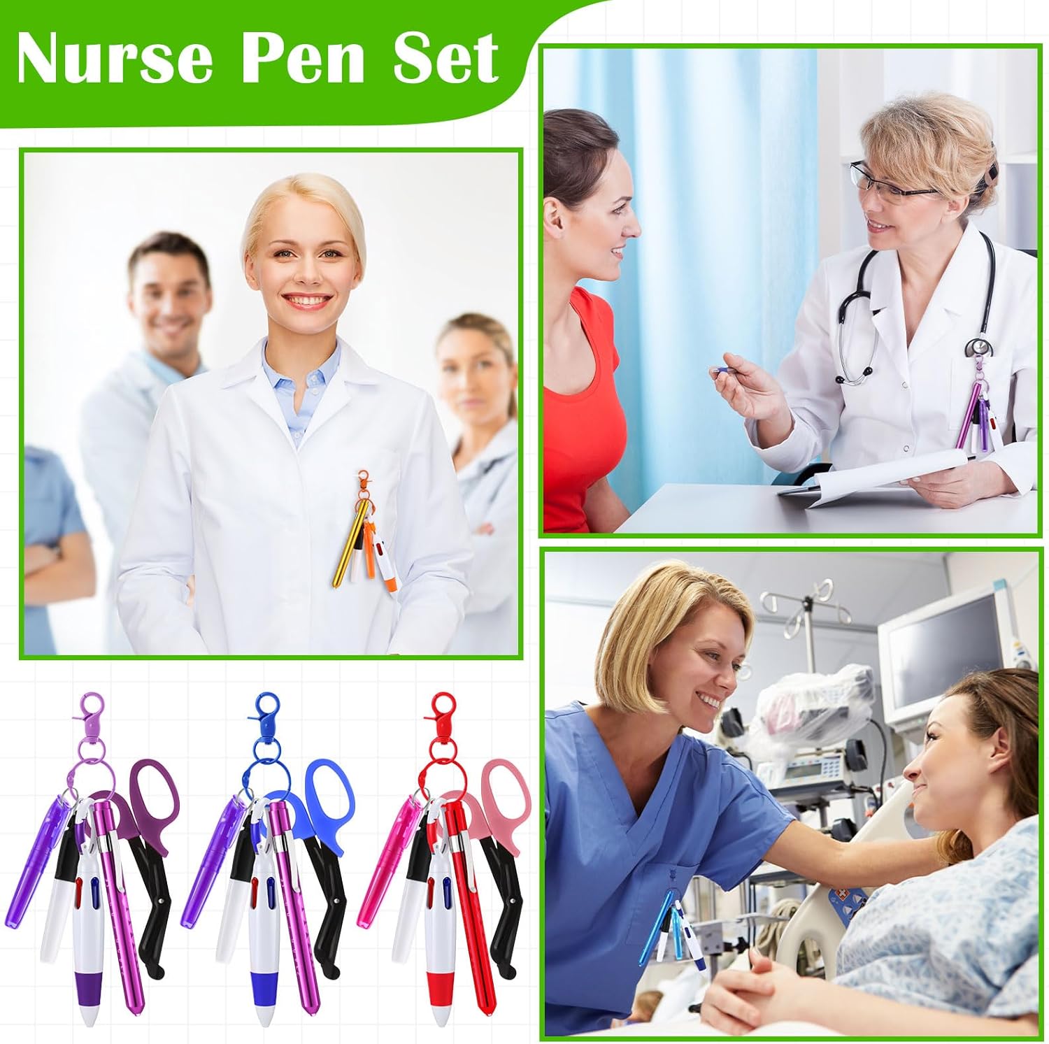 Geiserailie 54 Pcs Nurse Week Gift Retractable Pen Set with Permanent Marker Penlights Scissors Ballpoint Pens Highlighter Work Badge Accessories Kit for CNA Nurses Medical (Colorful)