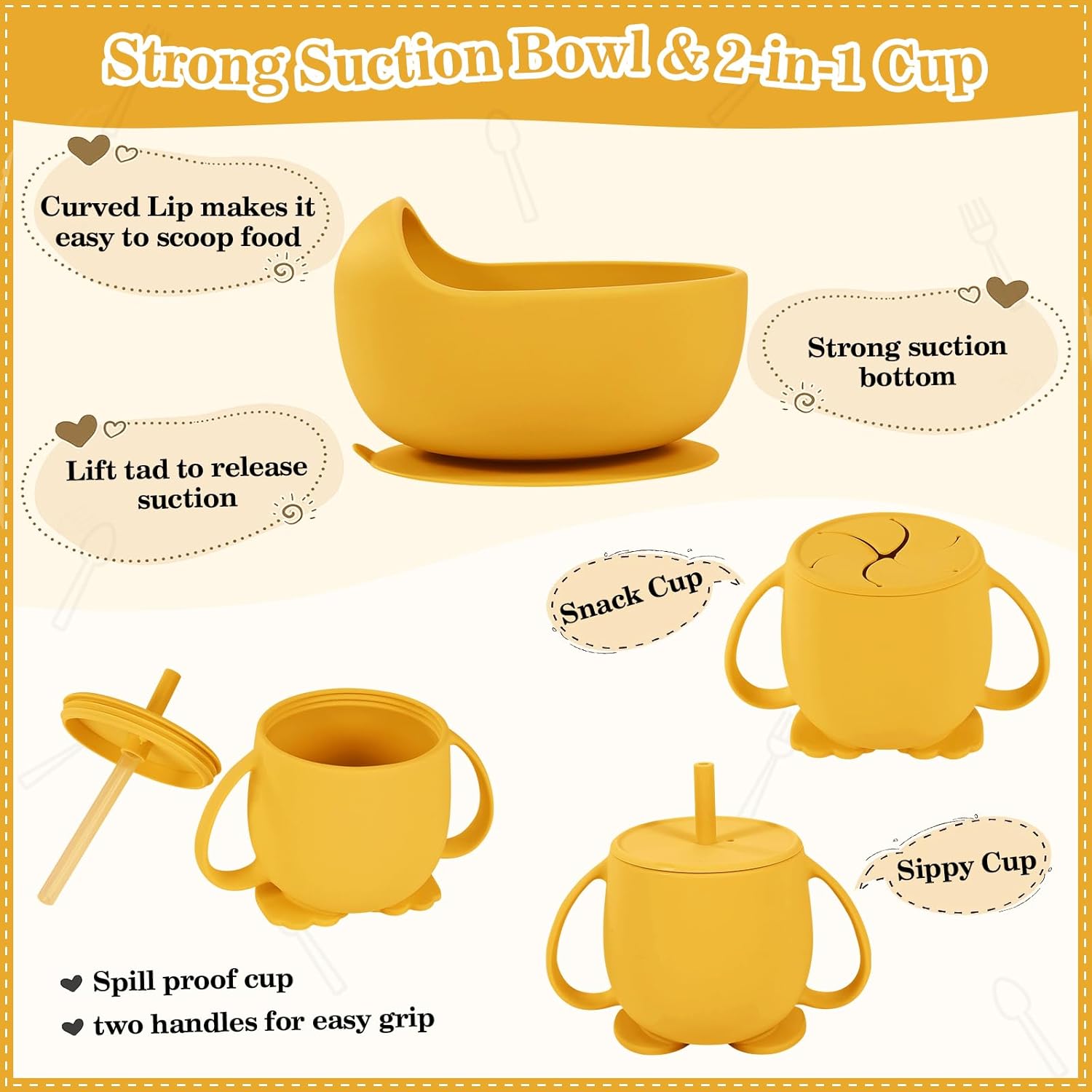 Silicone Baby Feeding Set 10 Pcs Baby Led Weaning Supplies Suction Bowl Divided Plate Baby Bibs Fruit feeder Pacifier Baby Spoons Forks Sippy Cup Utensil Sets Baby Essentials for Newborn Gift Yellow