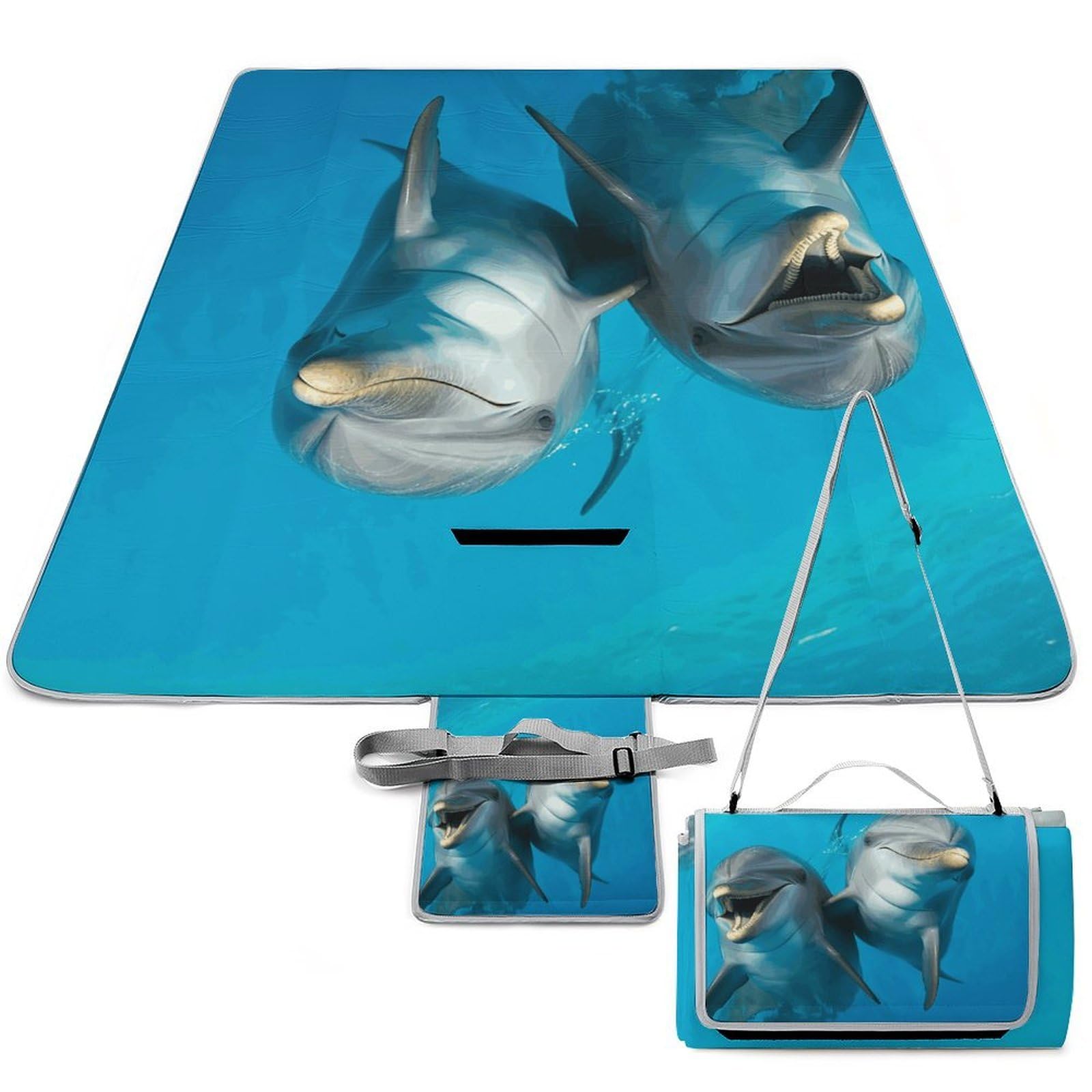 Tappetino pieghevole per esterni con delfini sorridenti, superficie impermeabile, facile da pulire, coperta da viaggio, per campeggio primaverile ed estivo