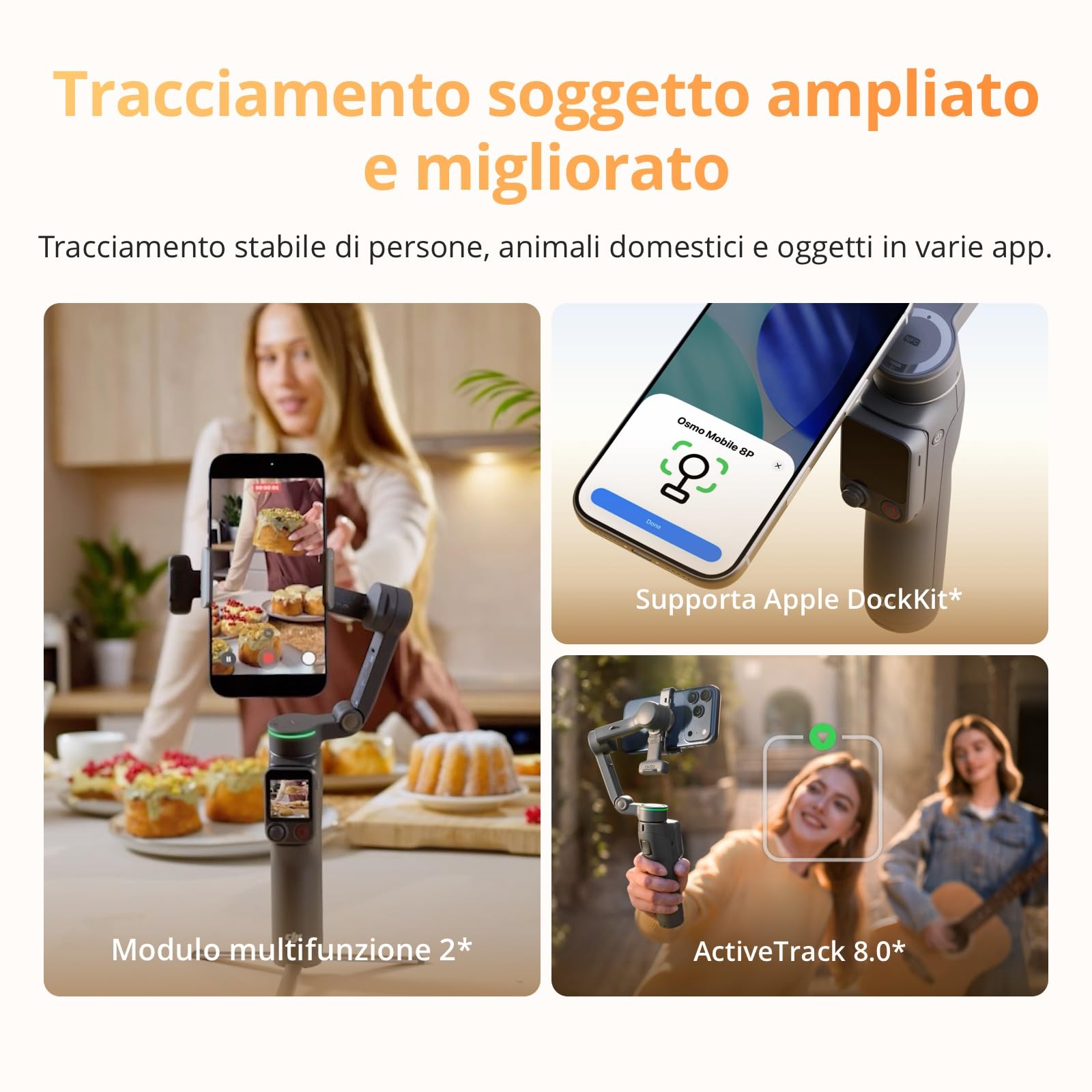 Osmo Mobile 8P stabilizzatore per iPhone e Android, modulo di tracciamento | Telecomando, tracciamento nativo, manico telescopico e treppiede integrati, batteria da 10 h, stabilizzazione su tre assi