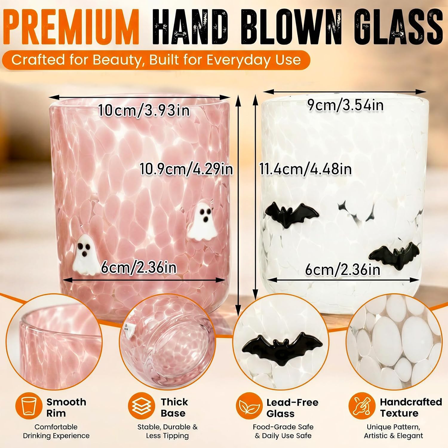 2 Pcs Halloween Icon Glass Cups,Ghost & Bat Icon Juice Glasses,Hand Blown