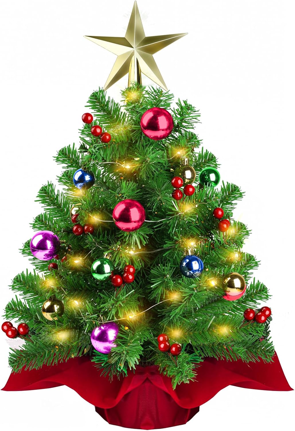 Small Tabletop Christmas Tree, 22 Inch Mini Artificial Prelit Christmas Tree Decorated with Warm Lights, Colorful Ornaments, Star Treetop, Red Berries and Cloth Bag Base for Holiday Decoration
