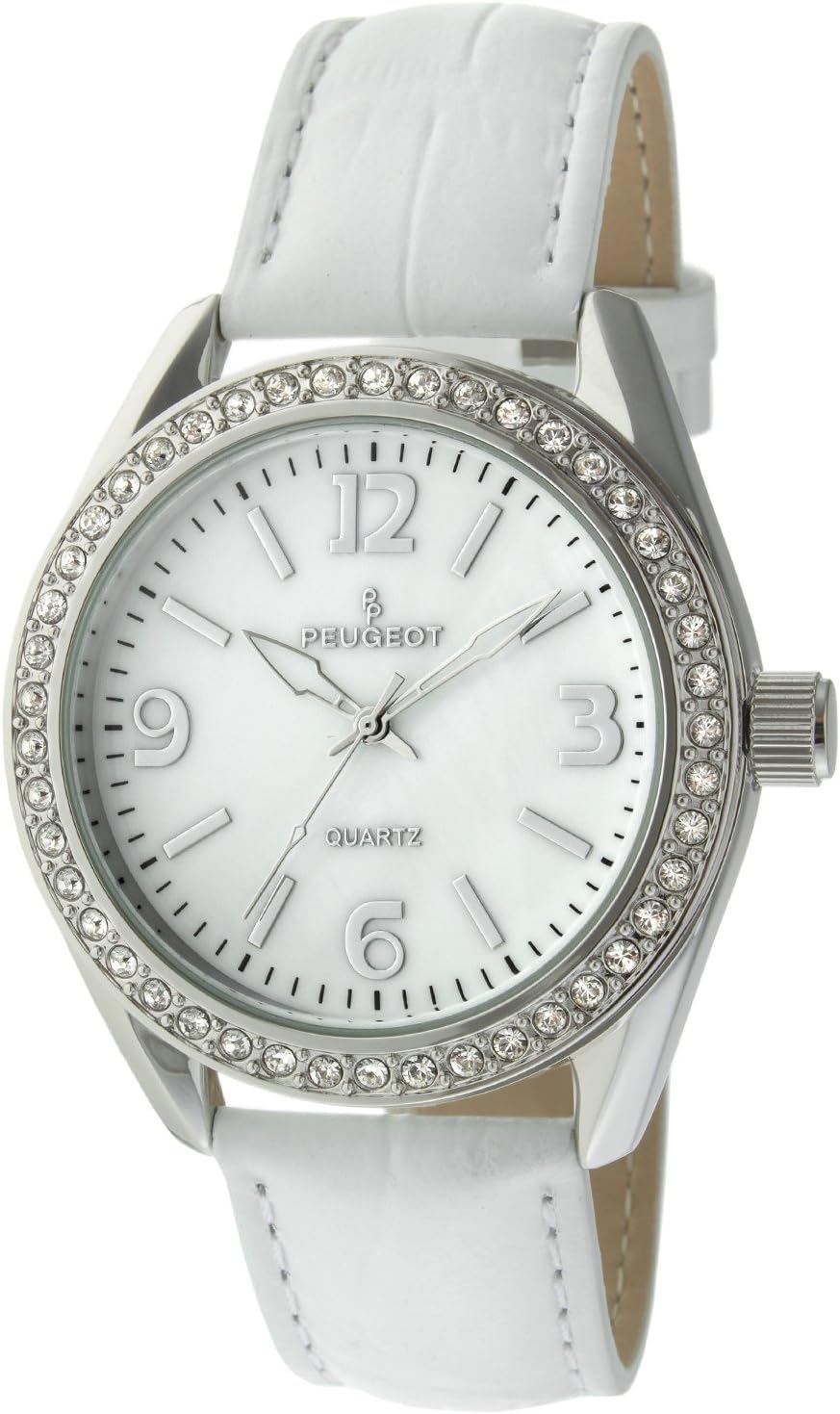 Peugeot Women's Boyfriend Large Face Case Dress Wrist Watch with Swarovski Crystal Bezel & Thick Leather Strap Band