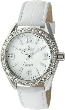 Peugeot Womens Boyfriend Large Face Case Dress Wrist Watch with Swarovski Crystal Bezel & Thick Leather Strap Band