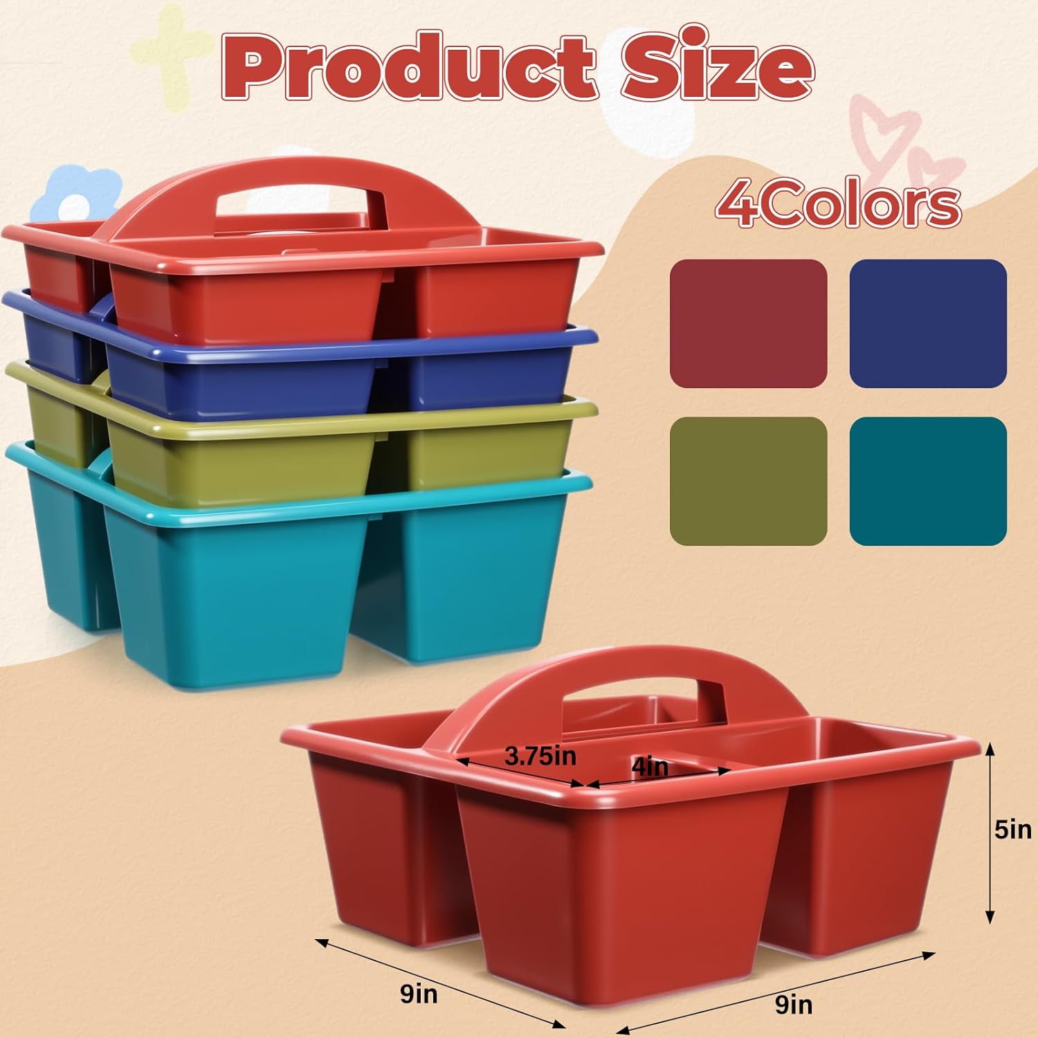 Kathfly 4 Pack Caddy Organizer with Handle, Stackable Organization Storage, Small Plastic Basket Classroom Caddy for Table Desk Office Pencil Kids Room Craft Art Teacher School Supplies (Deep Color)
