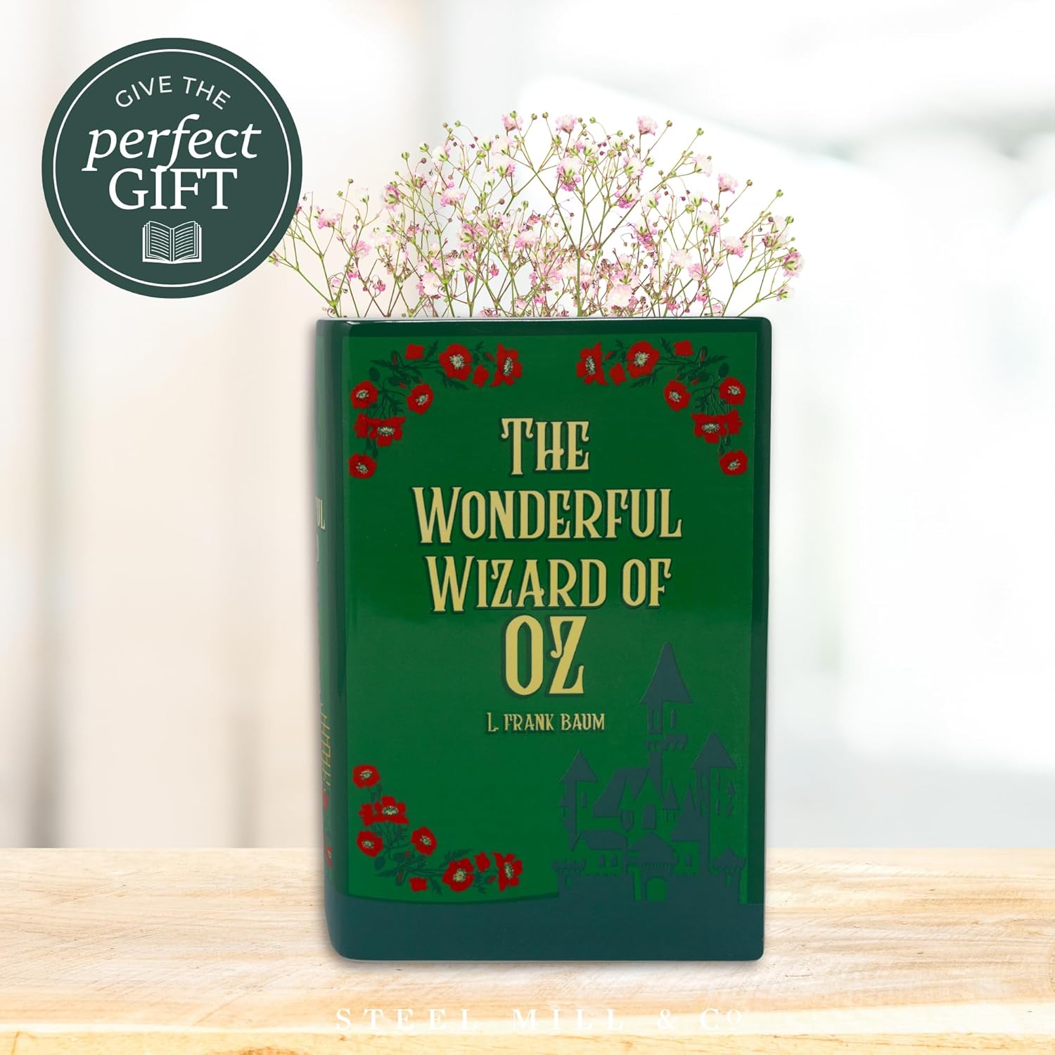 Steel Mill & Co Original Book-Shaped Decorative Vase, Ceramic Vases for Home Decor, Whimsical Bookshelf Decor, Unique Vase for Book Lovers (Large - The Wonderful Wizard of Oz Red Poppy)
