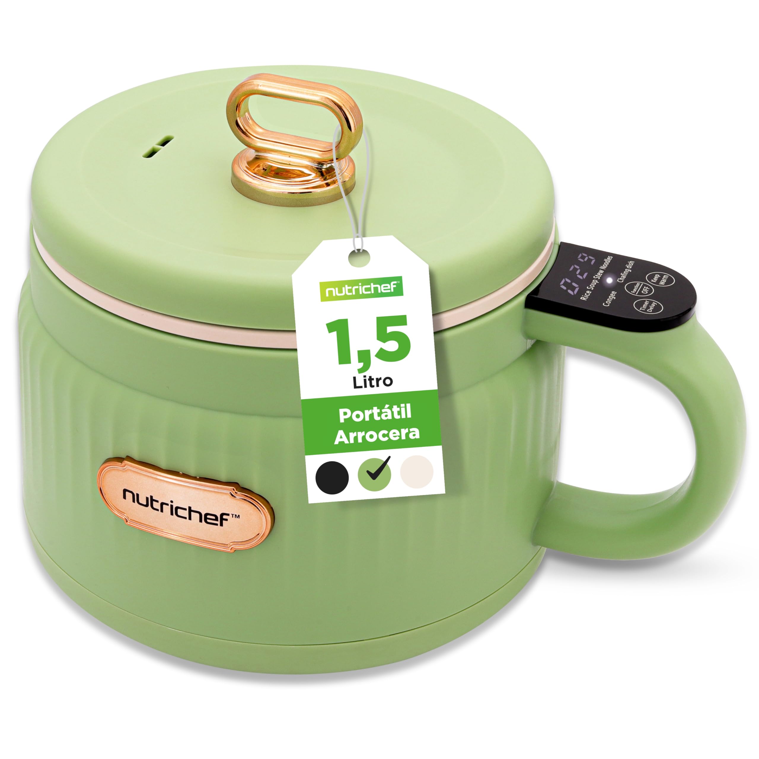 Nutrichef arrocera electrica mini, Rice cooker, Portatil, Preparador de comidas, Recubrimiento ceramico antiadherente, Panel de control digital, 6 funciones de coccion, 1.5L