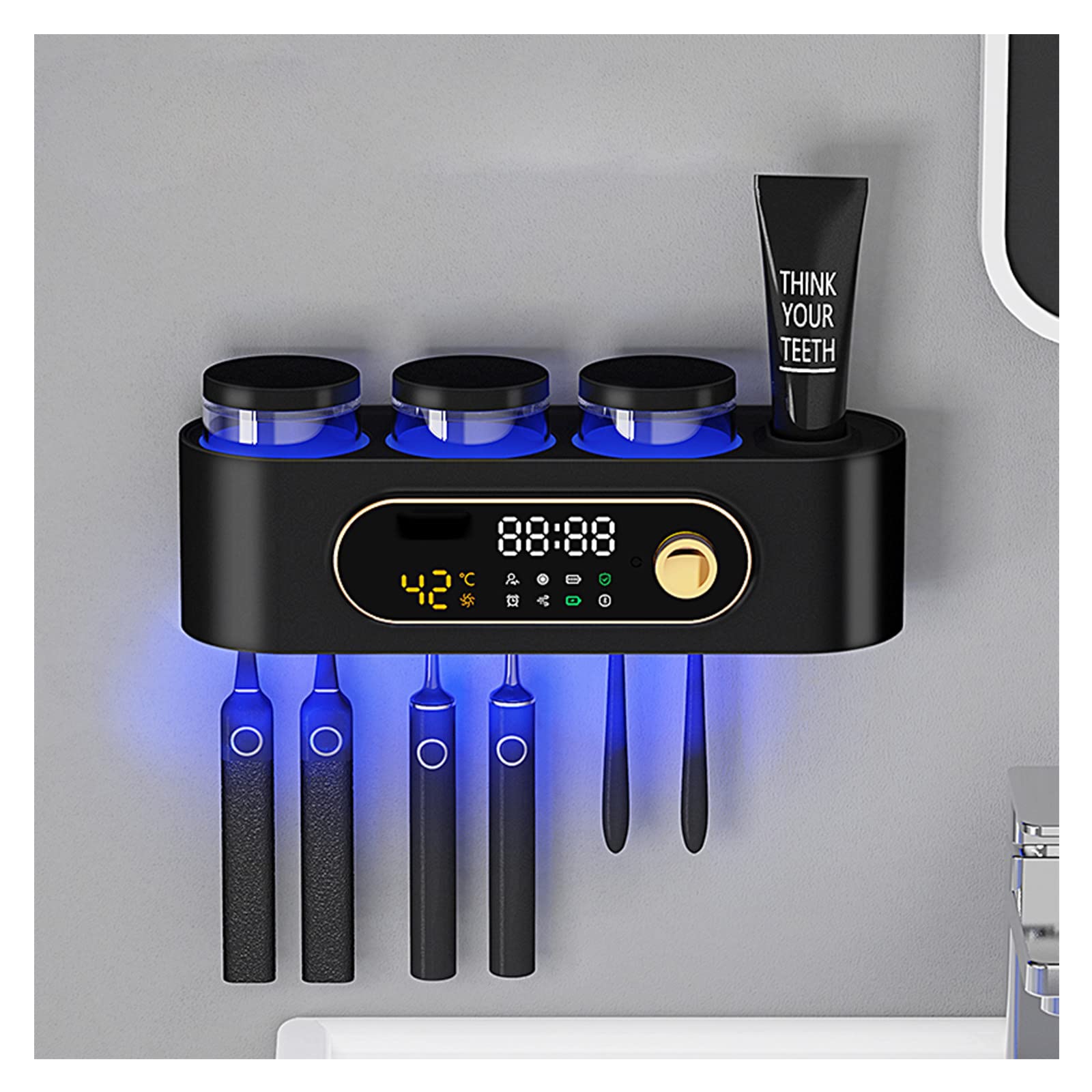 Porta Spazzolino Elettrico, Porta Spazzolino Parete, Bluetooth Porta Spazzolini Bagno con LED, Sterilizzatore per Funzione di Asciugatura Multifunzione Ricaricabile USB Nero