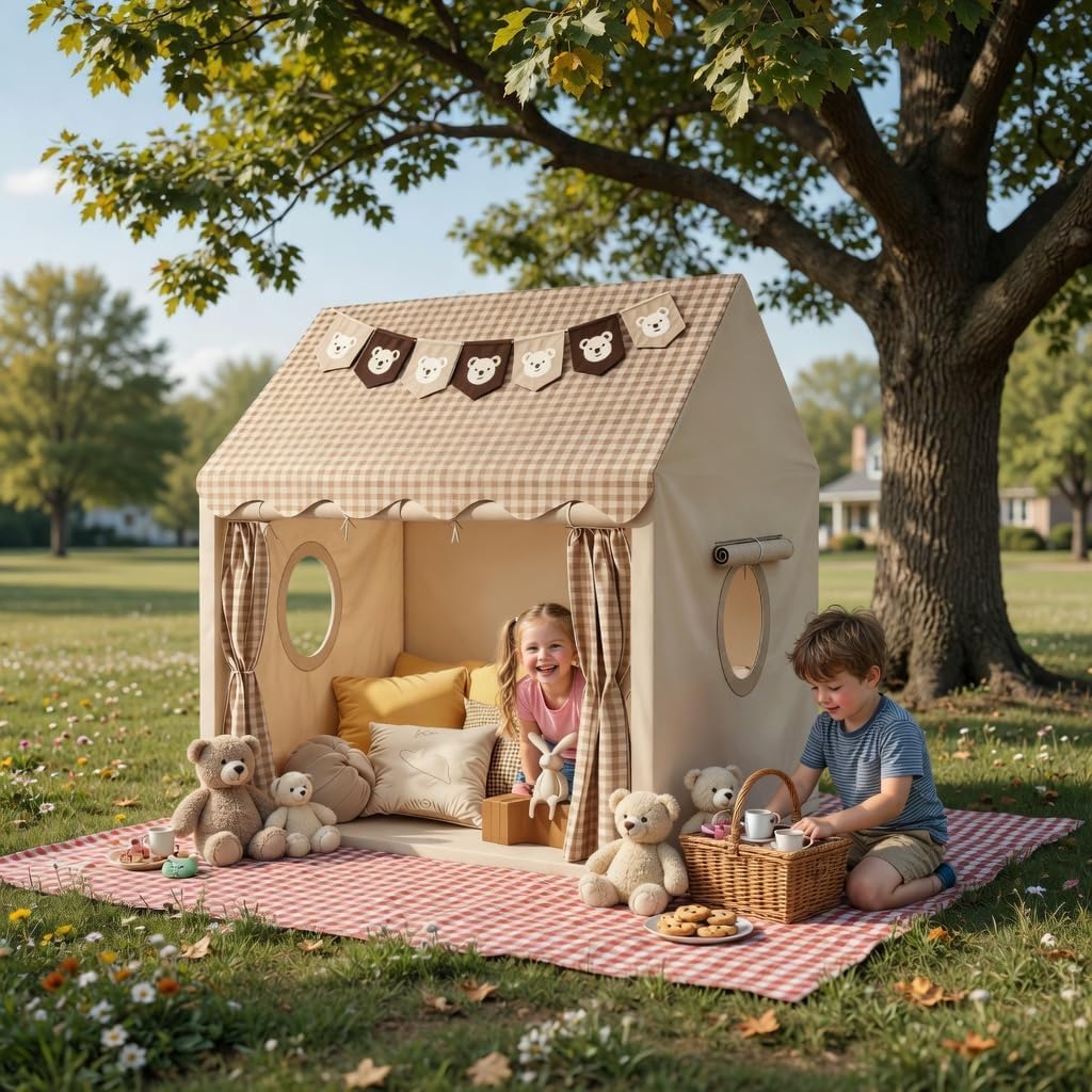 Kinderzelt, Spielhaus mit Sternenlichtern und Tragetaschen, Kinderspielzelt für drinnen und draußen, waschbares Tipi-Zelt für Mädchen, Kinderspielhaus für Kleinkinder, neutrale Farbe, Spielzimmermöbel