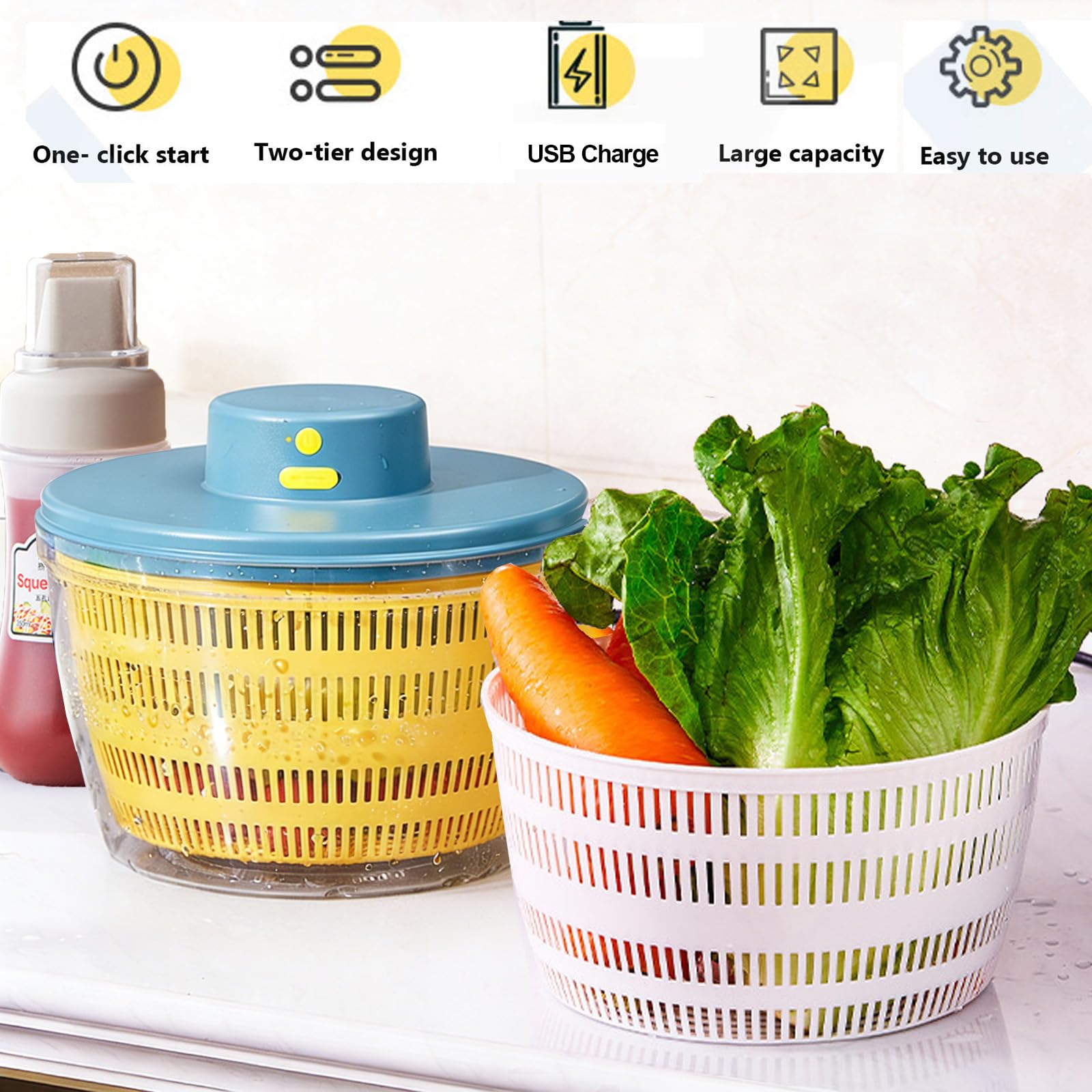Centrifuga Automatica per Insalata, senza fili Asciuga Insalata Centrifuga, Grande Capacità 4000 ml Rotatore per Drenare Rapidamente USB Frullatore Elettrico Lava Insalata per Frutta e Verdura