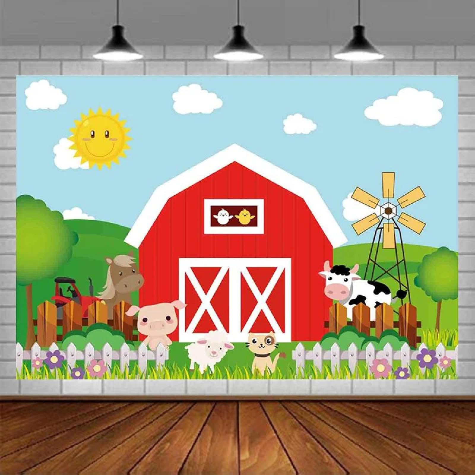 Kreskówka Zwierzęta gospodarskie Fotografia Tło Czerwone Baby Shower Baby Shower Dzieci Urodziny Dekoracja Banner Mały Farmer Zdjęcie Tło