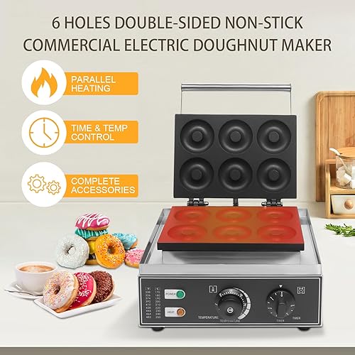 Miniatura 3 de Máquina eléctrica de donas, mini panqueques de 6 agujeros, calefacción de doble cara, máquina de hornear donas antiadherentes, máquina de hornear de