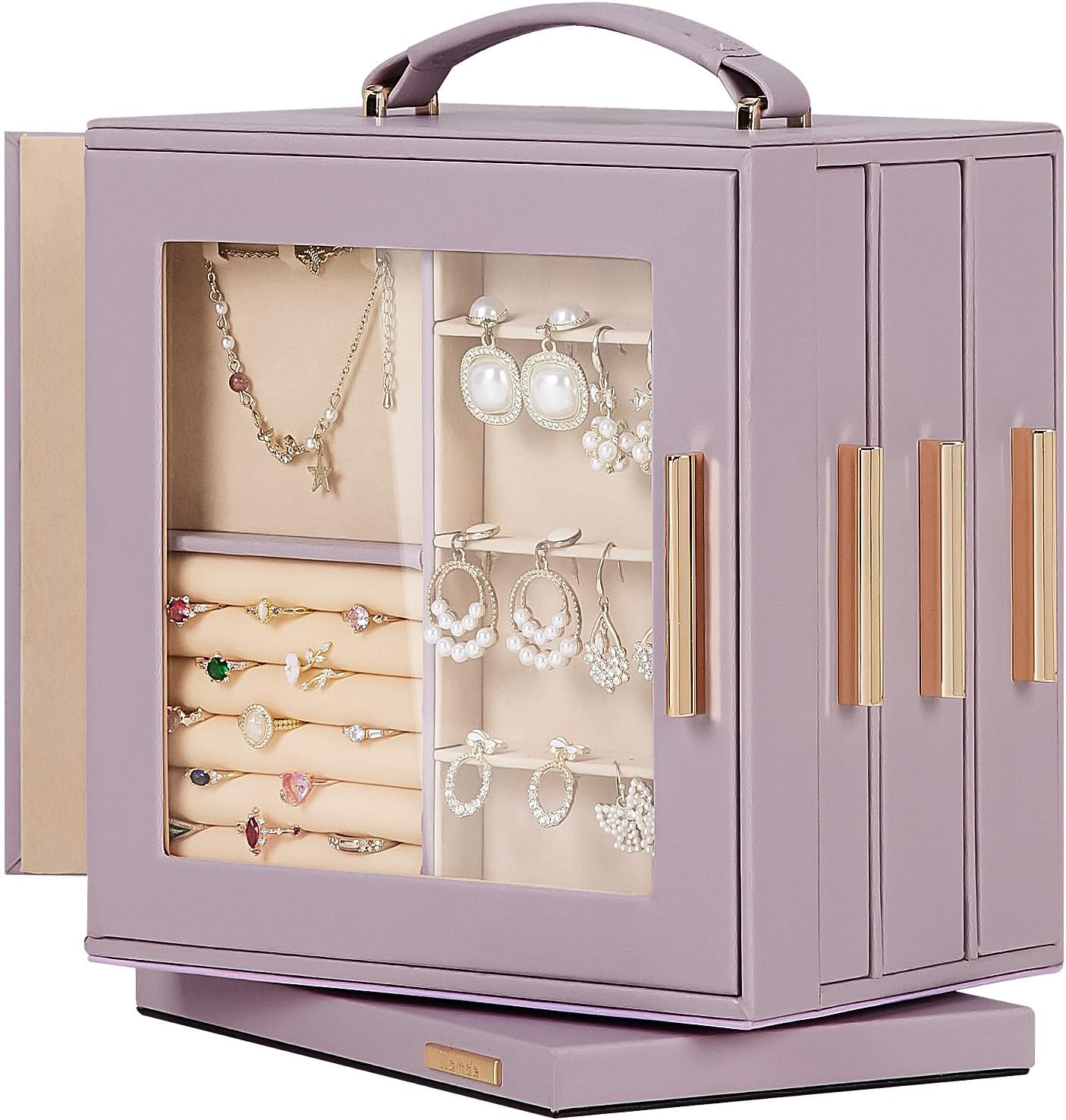 Homde Christmas Gifts Jewelry Box 360 Rotating, Necklace Earring Organizer with Transparent Window, Mirror, 7 Drawers, Large Ring Display Storage Case for Girls Women (Grey Purple)