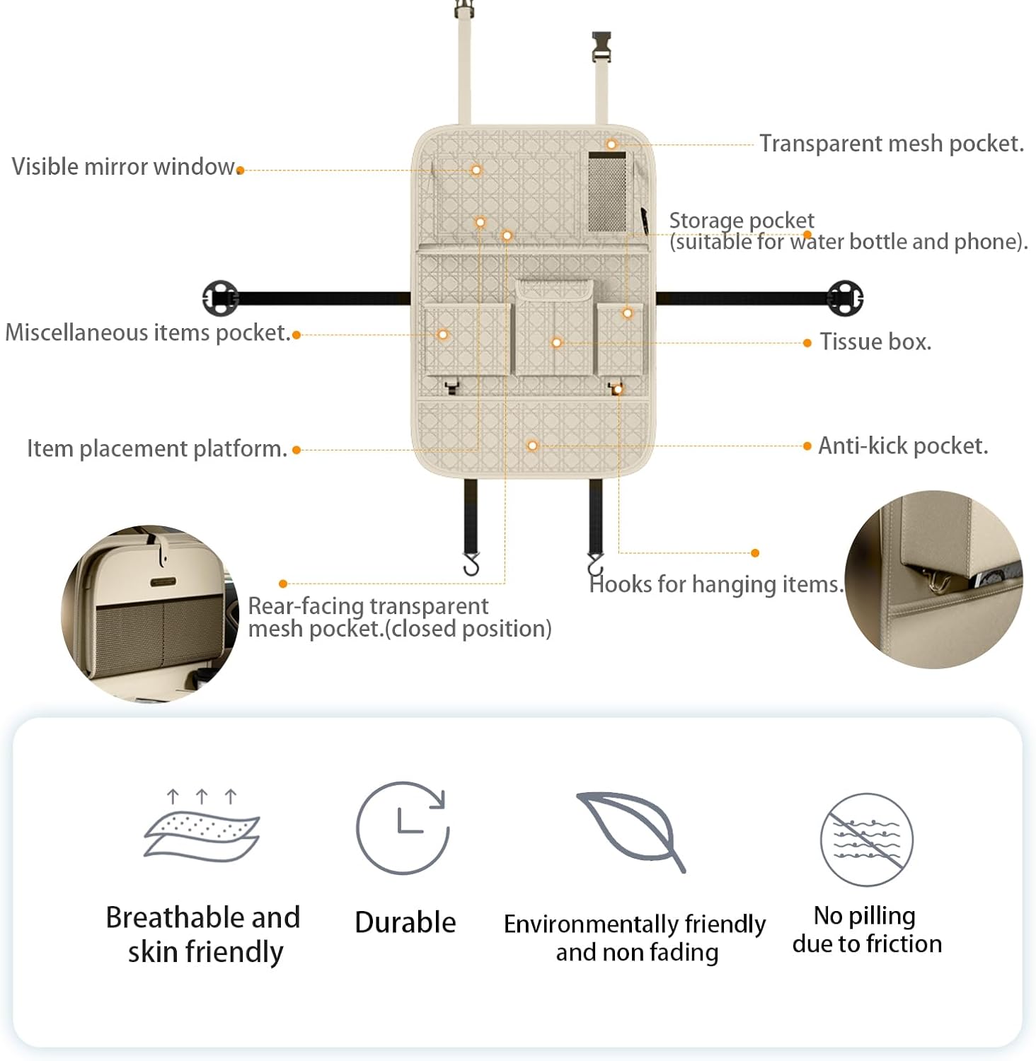 GMQ Backseat Car Organizer 1 Pack, Car Back Seat Organizers with Tray,Multifunctional Car Seat Back Organizer with Foldable Tablet Holder (Beige, 1 PC)