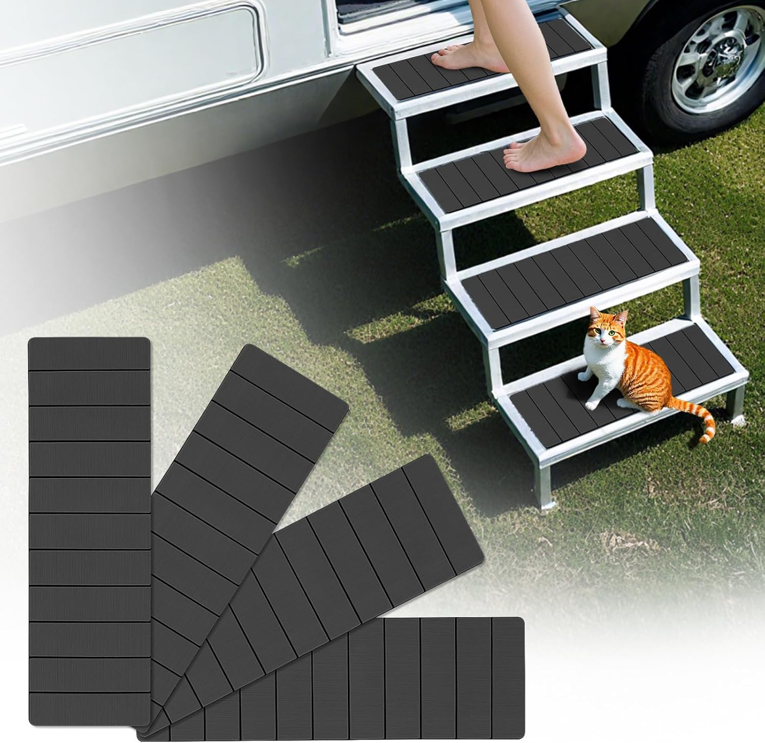 RV Step Covers 4 Pack, EVA Foam RV Stair Covers 24 x 7.5 inches, Non-Slip Trimmable Self Adhesive Camper Step Covers RV Step Carpet Rug for Trailers, Camper, RV, Gray