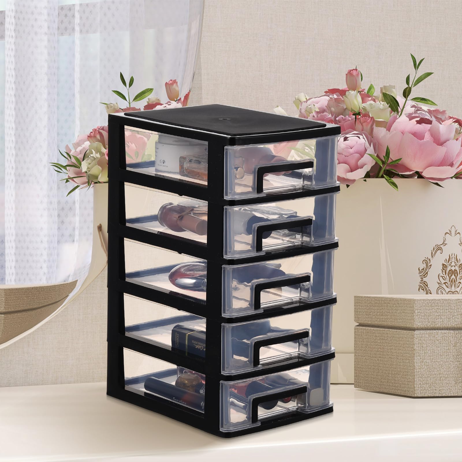 Healeved Organizer per cassetti in plastica a 5 ripiani, con cassetti estraibili trasparenti, organizer da scrivania per forniture per ufficio, artigianato, trucco e piccoli oggetti (nero)