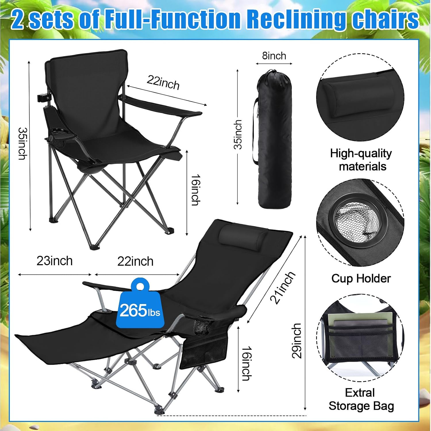 Karenhi 2 Set Reclining Beach Chair with Umbrella for Adult Folding Camping Chair with Foot Rest Adjustable Clamp Canopy Shade for Outdoor Patio Travel Beach Fishing Picnic