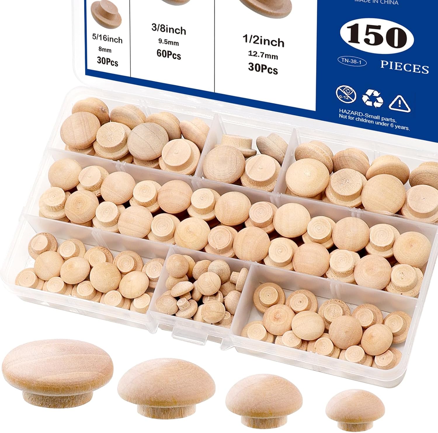 Tnisesm 150Pcs 4 Sizes Wood Plugs 3/16 Inch, 5/16 Inch, 3/8 Inch, 1/2 Inch Wooden Hole Plugs Button Plugs Hardwood Hole Plugs for Holes in Locking Hole Tube Furniture, Mushroom Head Shape