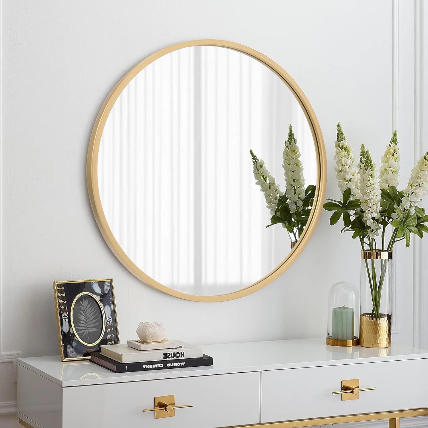 VVK Large Round Circle Mirror- 27.6" Modern Vanity Mirror Bronze Brushed Metal Frame Floating Round Glass Panel Decorative Mirror for Wall,Bedroom,Bathroom,Living Room,Kitchen,Entryway(Gold)