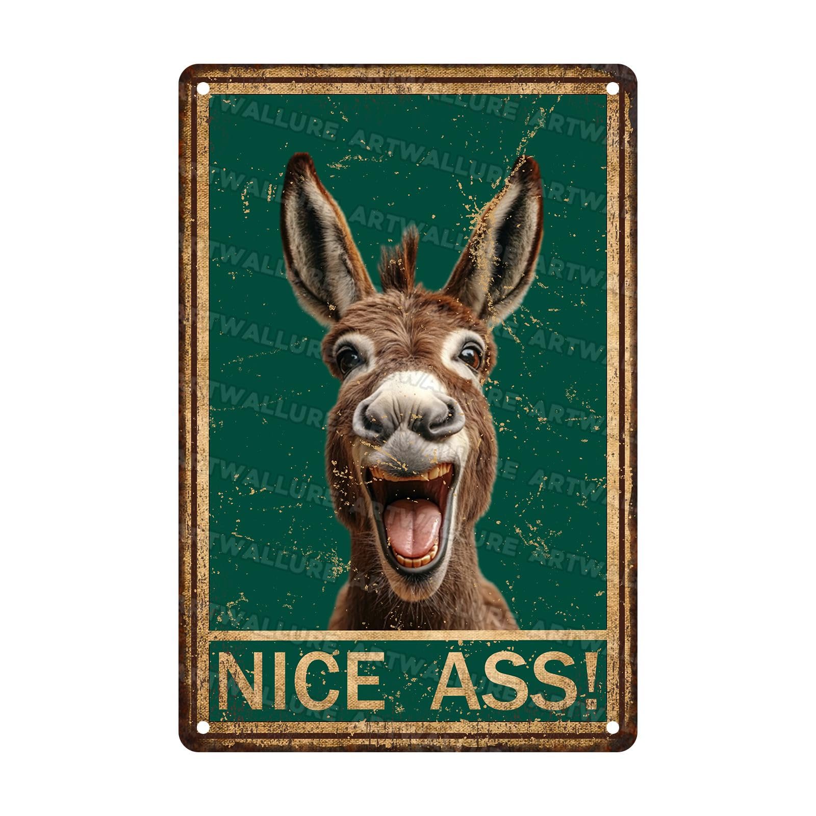 Farmhouse Humor Donkey Sign Nice Ass Vintage Metal Tin Plaque Funny Bathroom Decor for Restroom Washroom or Outhouse Rustic Gift 8x12Inch