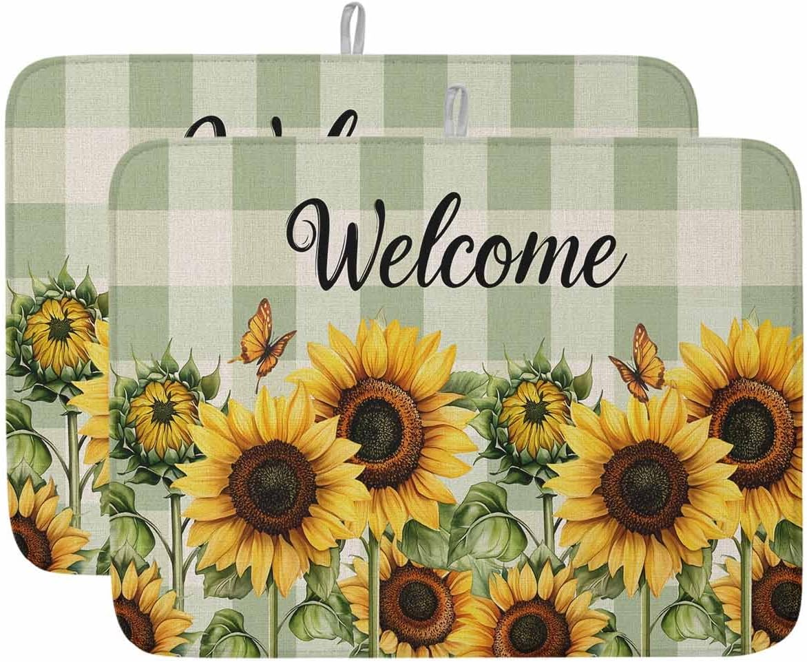 Dish Drying Mat for Kitchen, Pastoral Sunflower Butterfly Watercolor Green Linen Check Absorbent Dish Drying Pad, Kitchen Counter Mat for Dishes Utensils Camping, 18"x24"(2 Pcs)