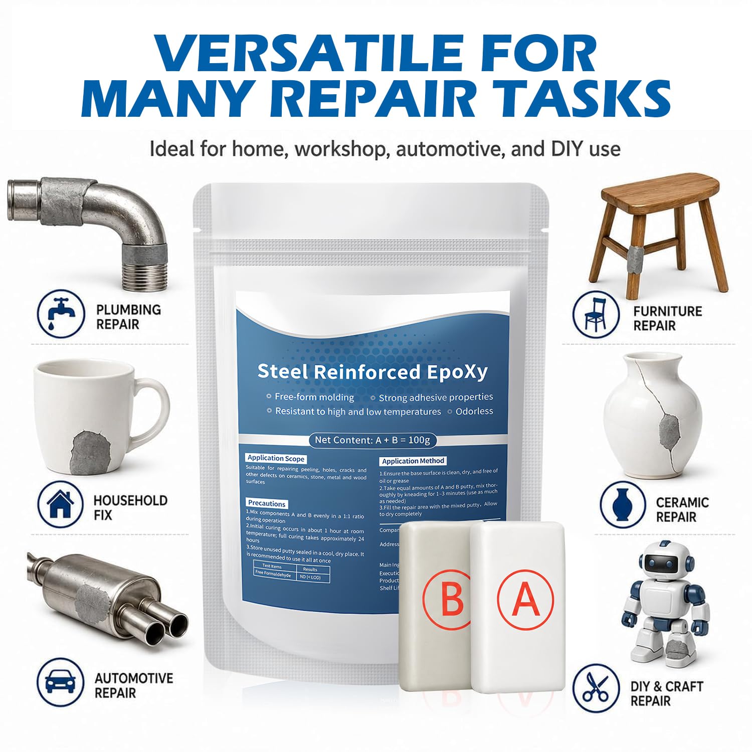 Steel Reinforced Epoxy Putty, Strong Clay Iron Adhesive, Multi-Purpose Epoxy Putty Fast Repair Clay for Bond Sculpt Fill Cracks Holes Metal Wood Ceramic Tile Plastic