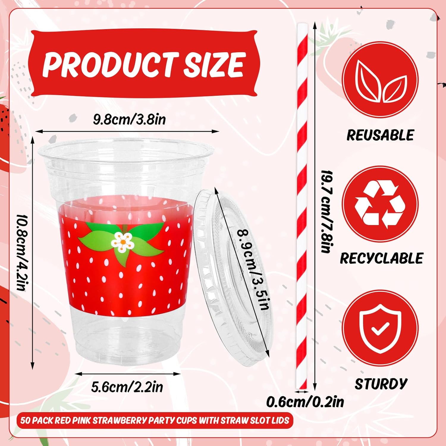 50Pcs 12Oz Strawberry Disposable Plastic Cups with Lids and Straws Sweet Fruit Theme Cold Beverage Drinking Cups for Home Kitchen Summer Birthday Supplies - Image 2