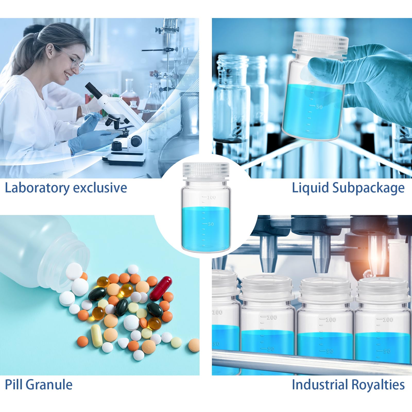 Tatuo Lot de 24 bouteilles en plastique à large goulot avec couvercles en polypropylène avec échelle pour voyage, échantillons, réactifs, pilules, médicaments, liquides