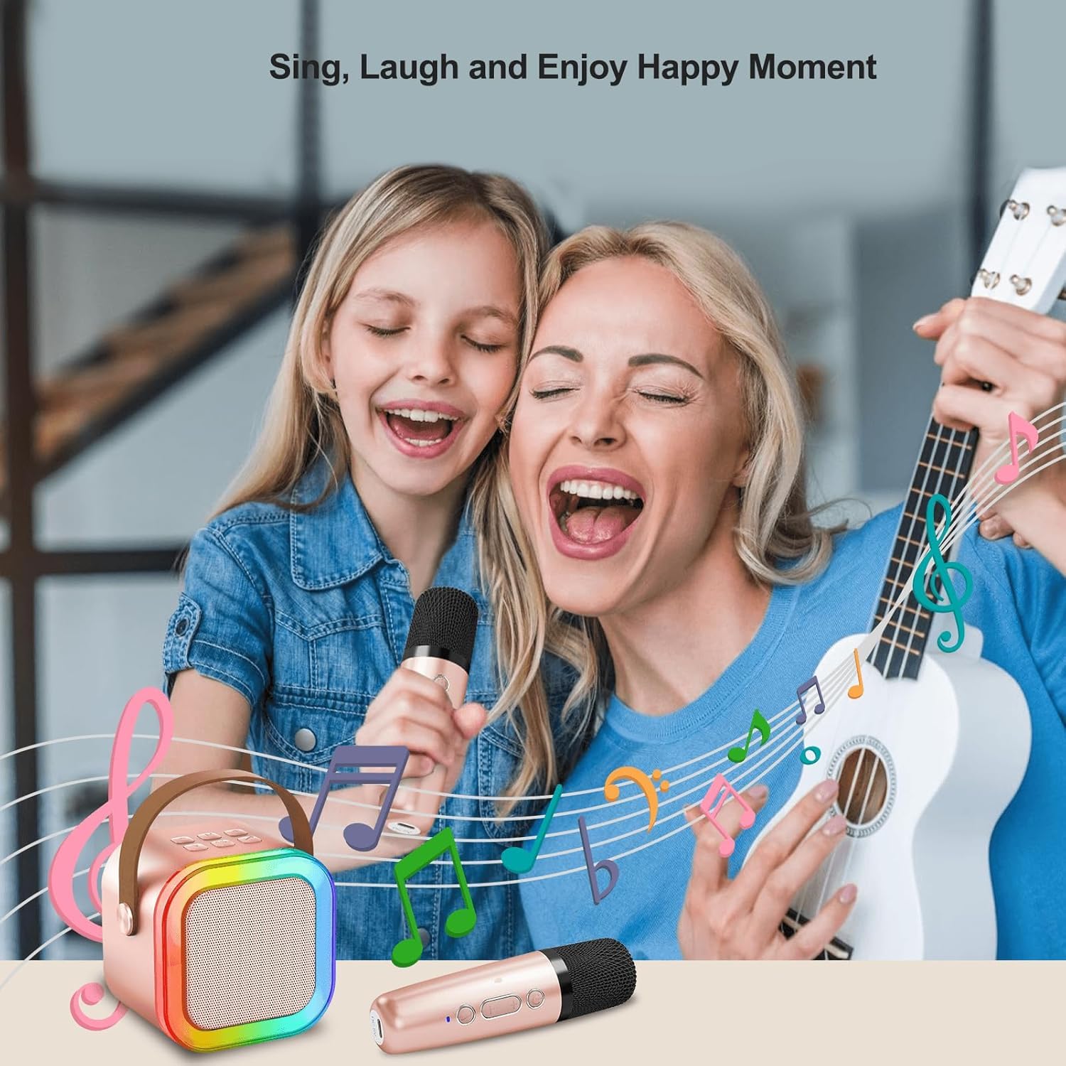 Macchina per karaoke per bambini e adulti, mini microfono portatile per karaoke con 2 microfoni wireless e luce, giocattoli per tutti gli smartphone, compleanno, famiglia