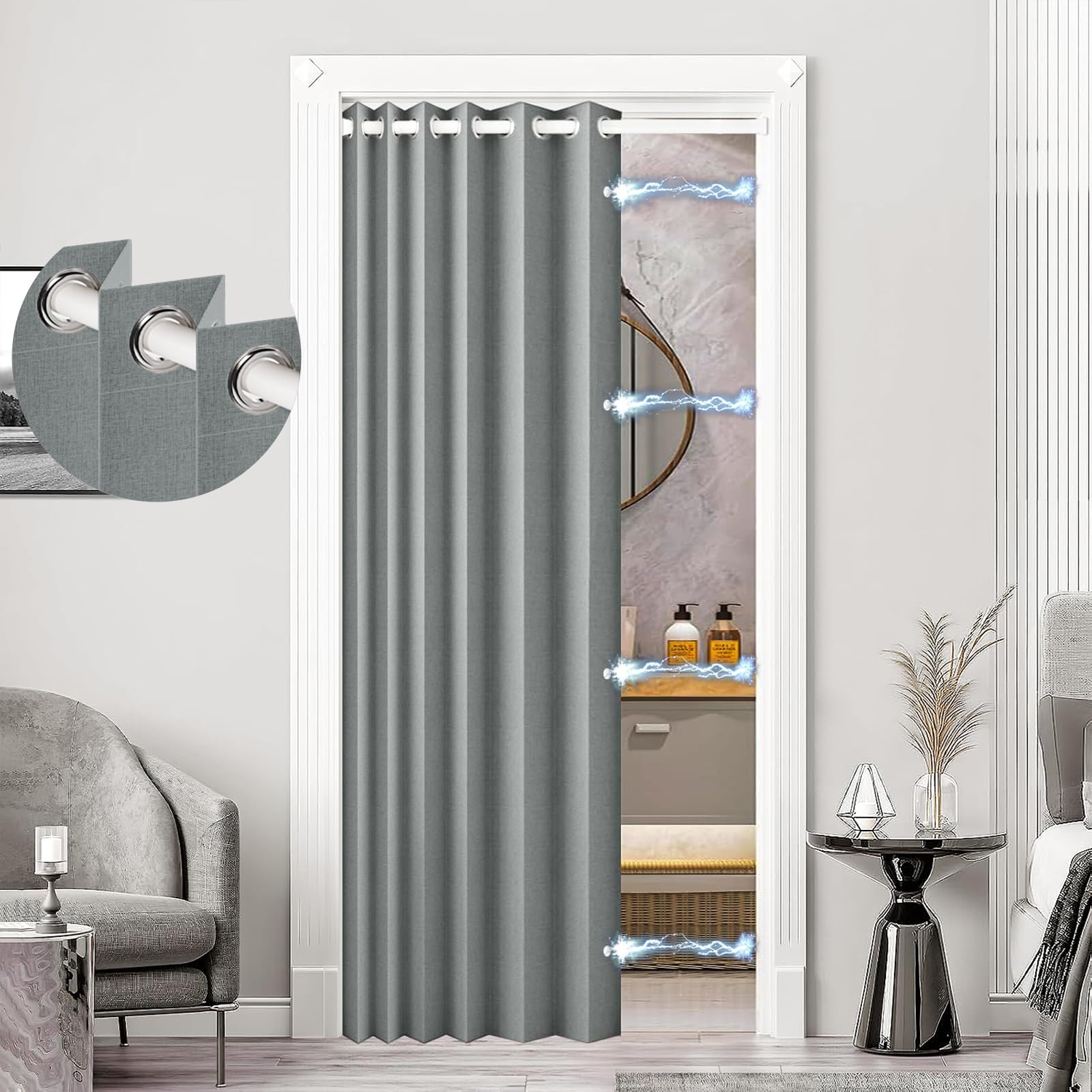 100% Blackout Privacy Door Curtain for Doorway, Magnetic Door Curtain for Closet & Hallway, 1 Panel, W45 x L80, Gray