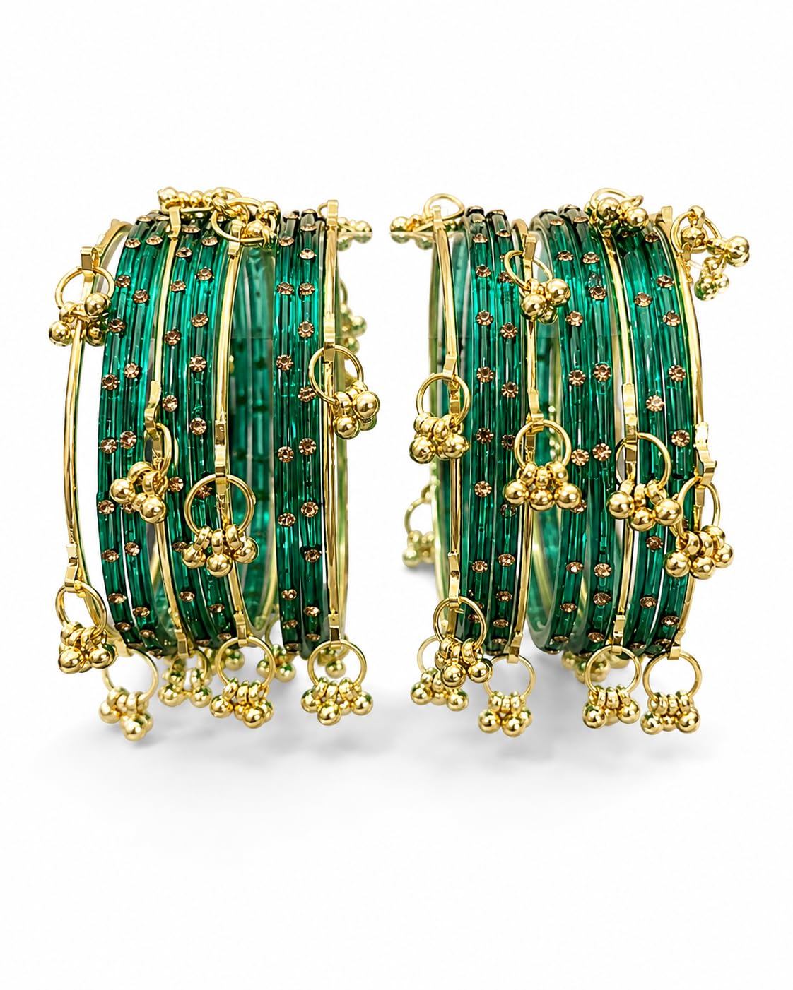 Green kashmiri Glass Bangles Set for Women for Sawan/Teej | Gold Stone Studded Designer Chooda | Traditional Bridal, Wedding & regular wear (Set of 20-12 Bangles & 8 pcs ghungroo)-picture-32