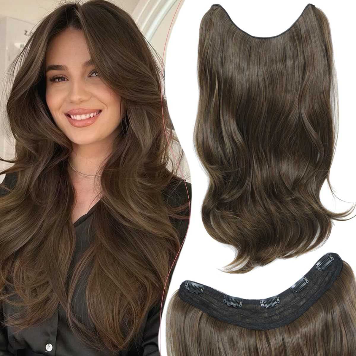 VEGALILY 1PCS Hair Extensions 20inch Layered Clip in Hair Extension Light Brown Hair Extensions Clip in U-shape Wavy Hair Extension synthetic Fiber Hairpieces for women for Daily Use
