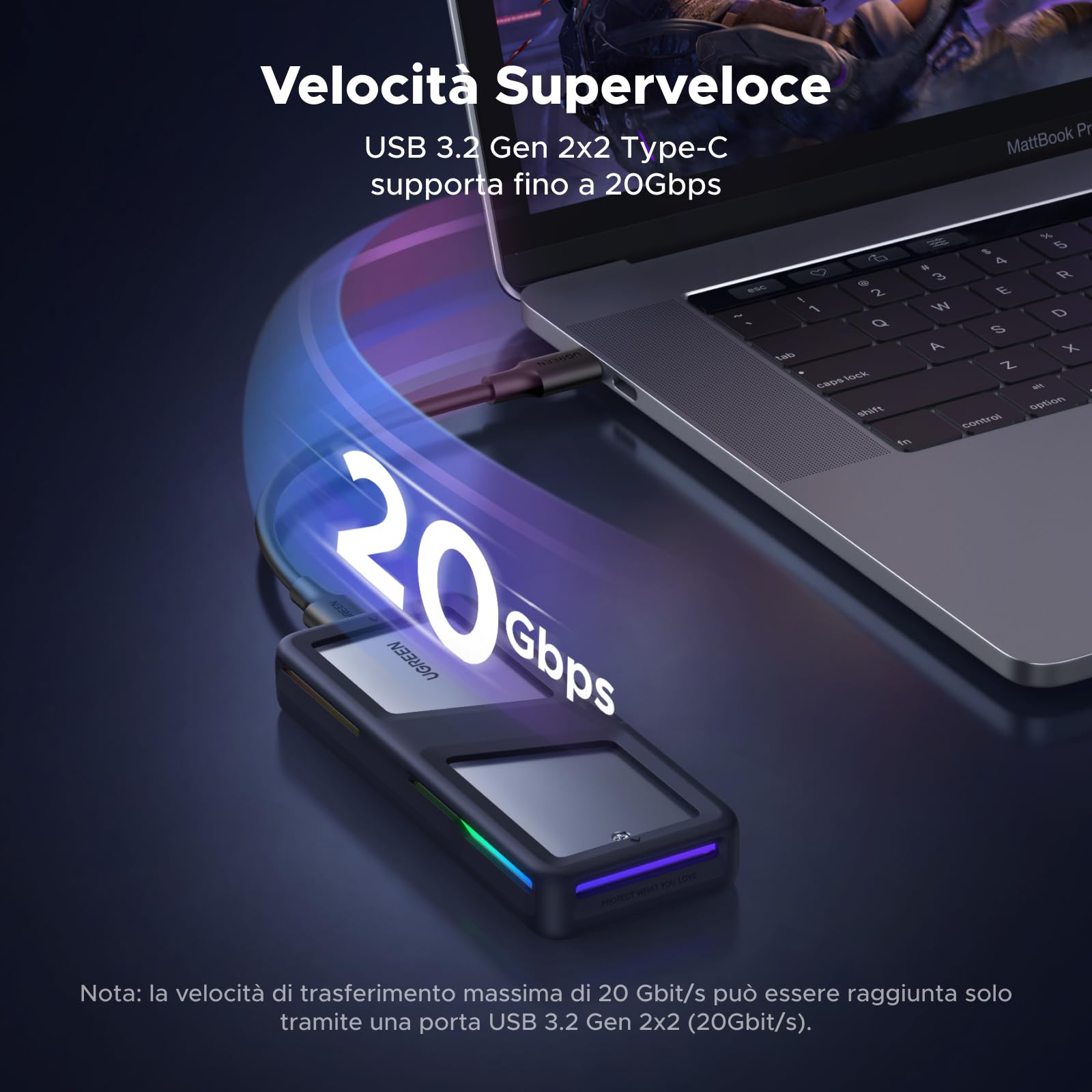 UGREEN Enclosure SSD M.2 NVMe SATA 20Gbps RGB, Case Esterno per Disco Rigido M.2 USB C 3.2 Gen 2x2 2230/2242/2260/2280 Compatibile con MacBook, HP 14pro, iPhone 16, PS5, Switch | USB C 3.2 Gen 2x2 M.2 Case per M Key/B+M Key in 2230/2242/2260/2280, compati