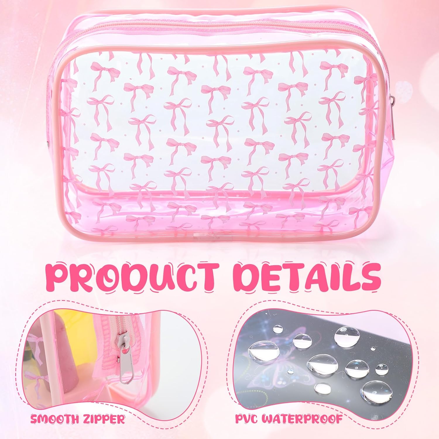 Kacctyen 12 Pcs Pink Bow Cosmetic Bag Coquette Preppy PVC Makeup Bag Bulk Clear Zippered Travel Toiletry Pouch Gift for Women Birthday Party Favor Bridal Shower