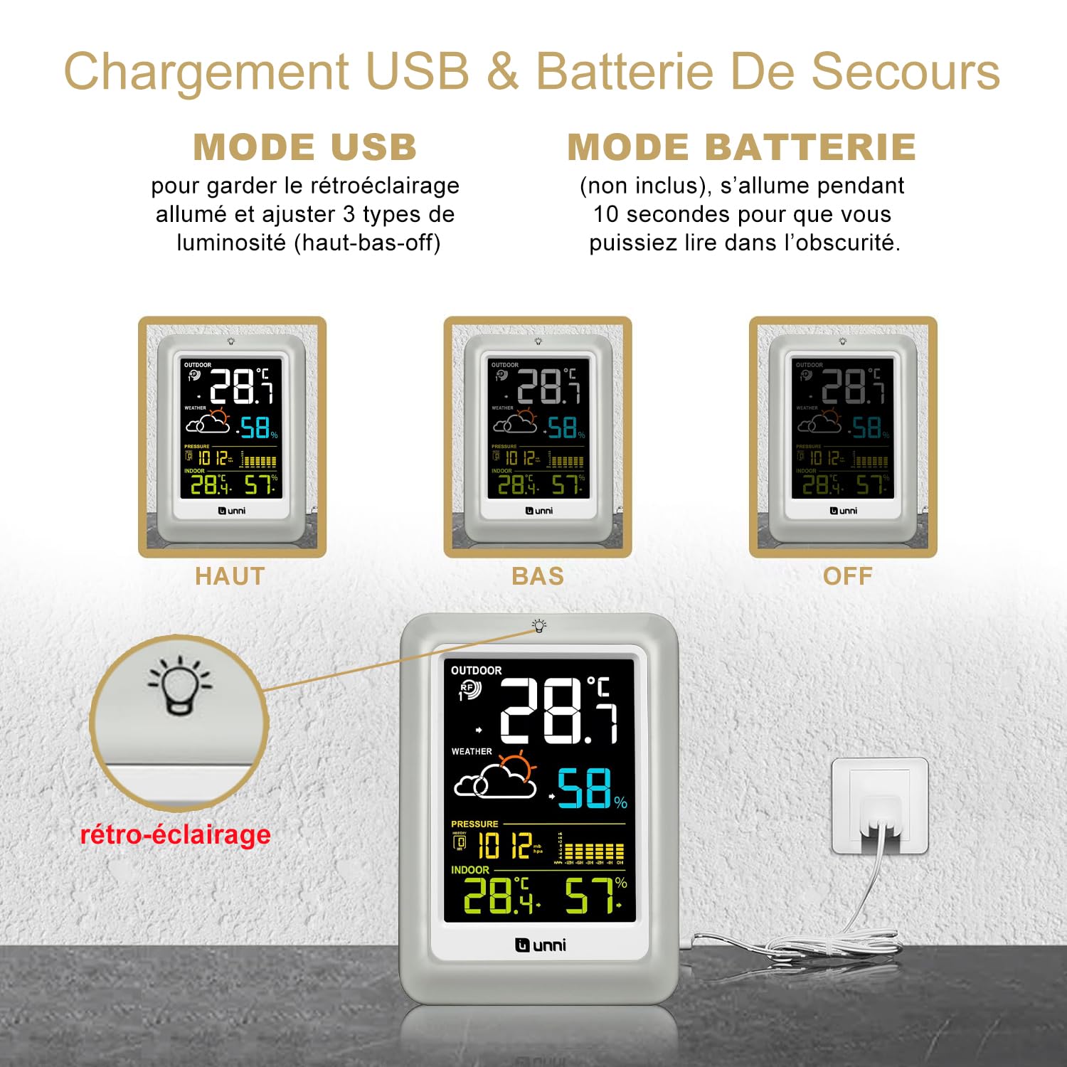 Stations Météo Sans Fil Avec Écran Couleur, Moniteur Intérieur Extérieur Avec Capteur De Portée De 100 Mètres, Baromètre, 3 Rétroéclairage Réglable 02CS - 3