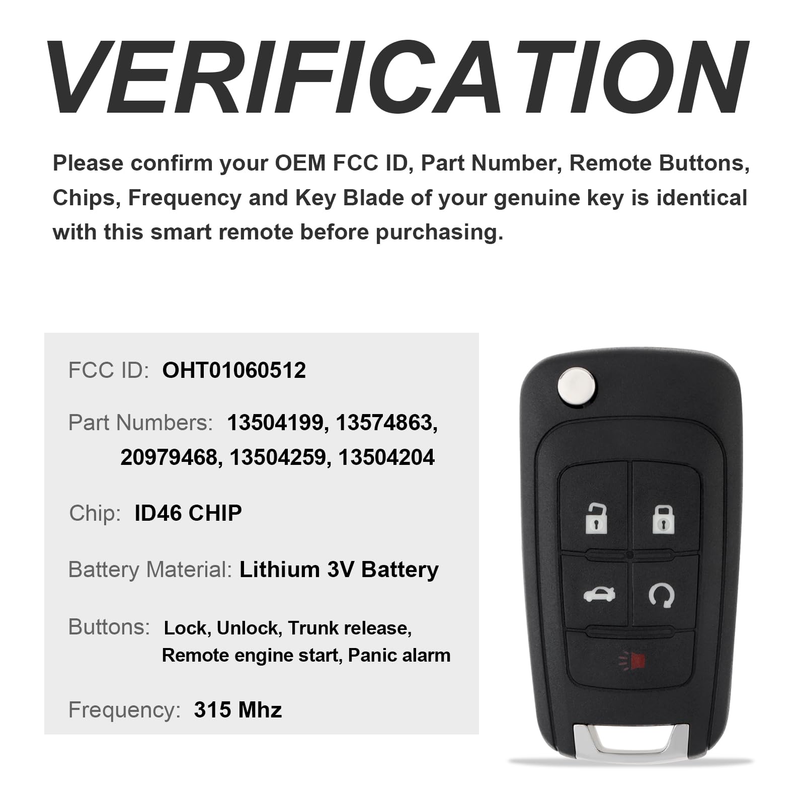 Key Fob Replacement For Chevy, GMC, Buick - 4 Button Remote Key, 315MHz, Fits Cruze, Camaro, Equinox, More (OHT01060512) - View #6