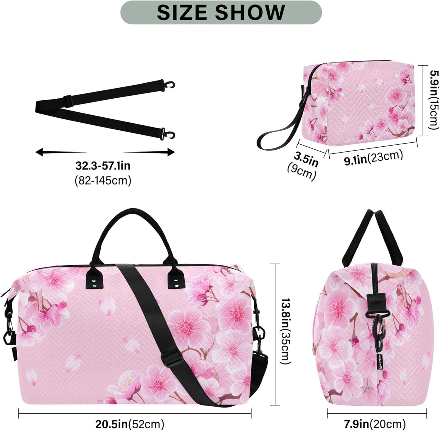 ダッフルバッグ レディース &amp; コスメポーチ 2個セット、プリント レディース ガーメント ダッフルバッグ キャリーオン ダ