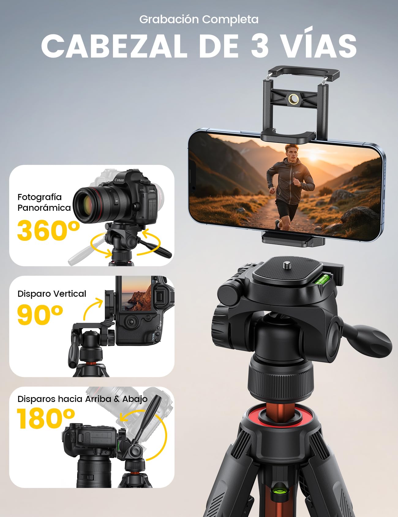 Lamicall Trípode para Cámara, Tripode para Móvil - [Patentadas Patas de Despliegue Rápido] [8KG Carga Máxima] 3 Vías Cabezal Panorámico, Soporte Cámara con Clip de Teléfono, para DSLR, iPhone y GoPro