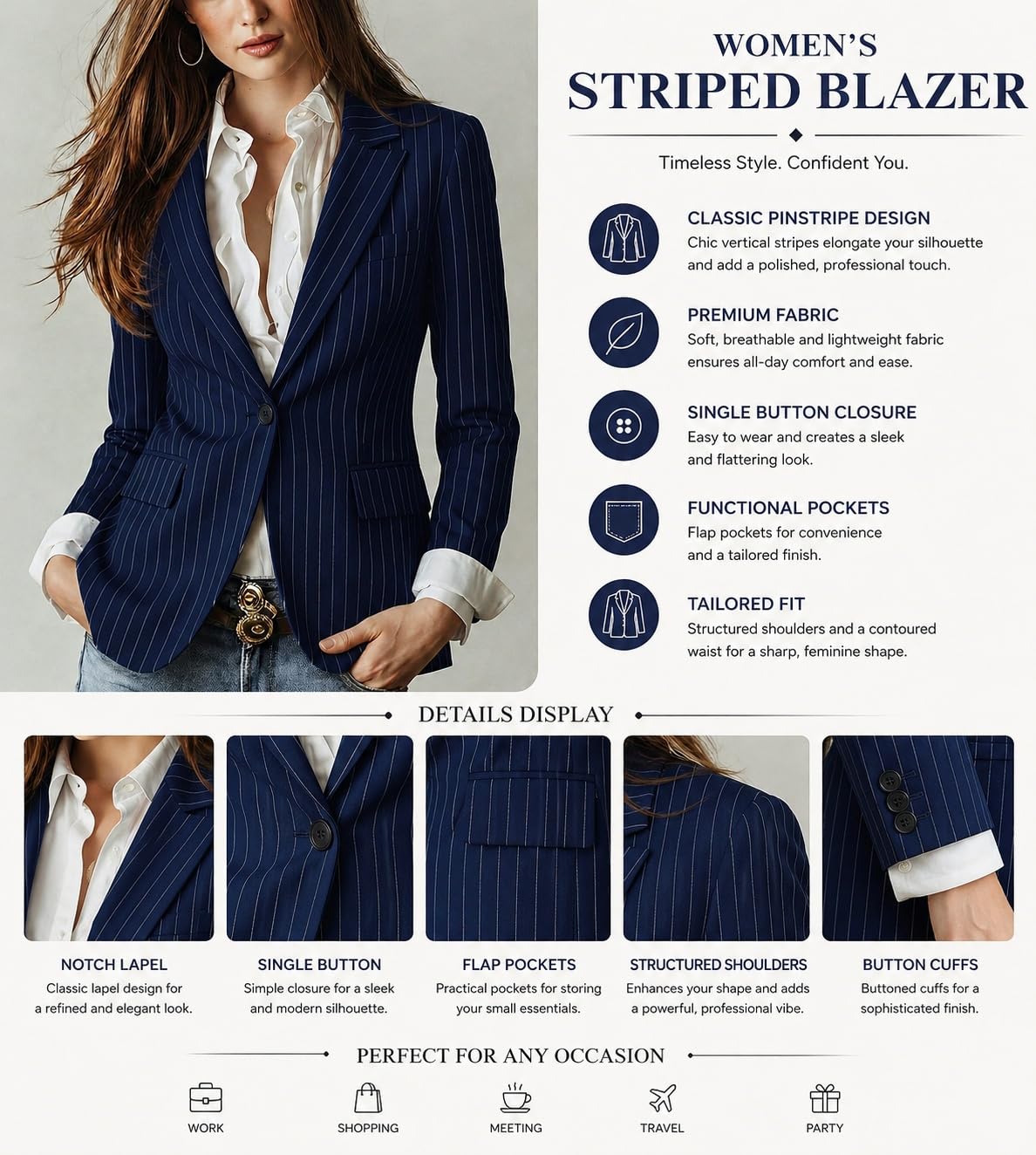 Damen Blazer Gestreifter Damenblazer Mit Fallendem Revers Einem Knopf Langen Ärmeln Taillierter Passform Nadelstreifen Blazer Mit Taschen Eleganter Business Blazer Für Damen