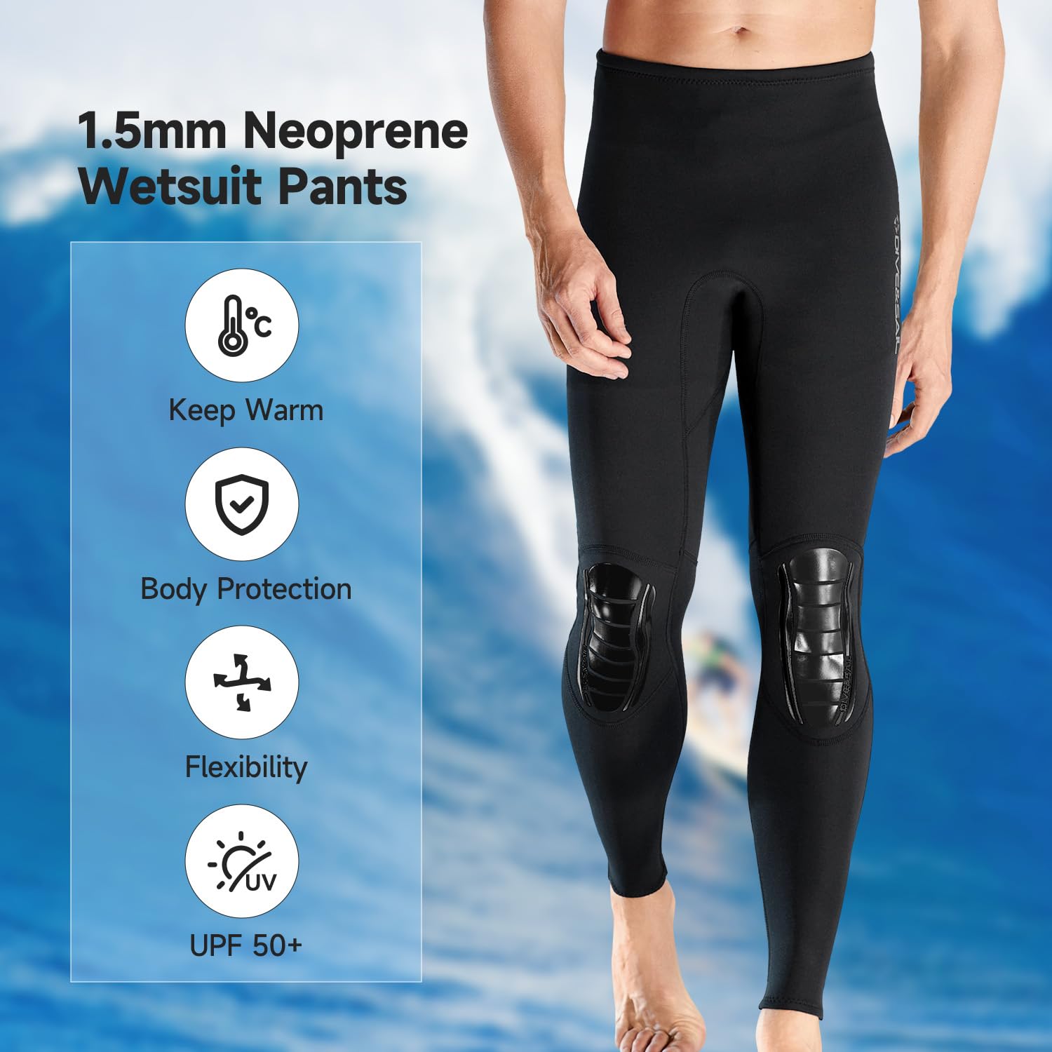 Pantaloni in neoprene da uomo 1,5 mm per immersioni surf nuoto snorkeling kayak